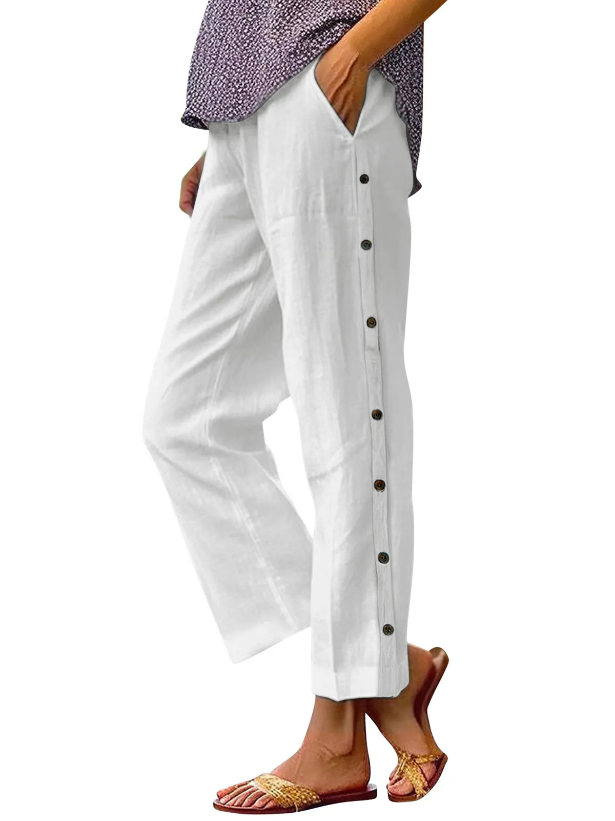 Side Button Wide Leg Pants, Plus Size