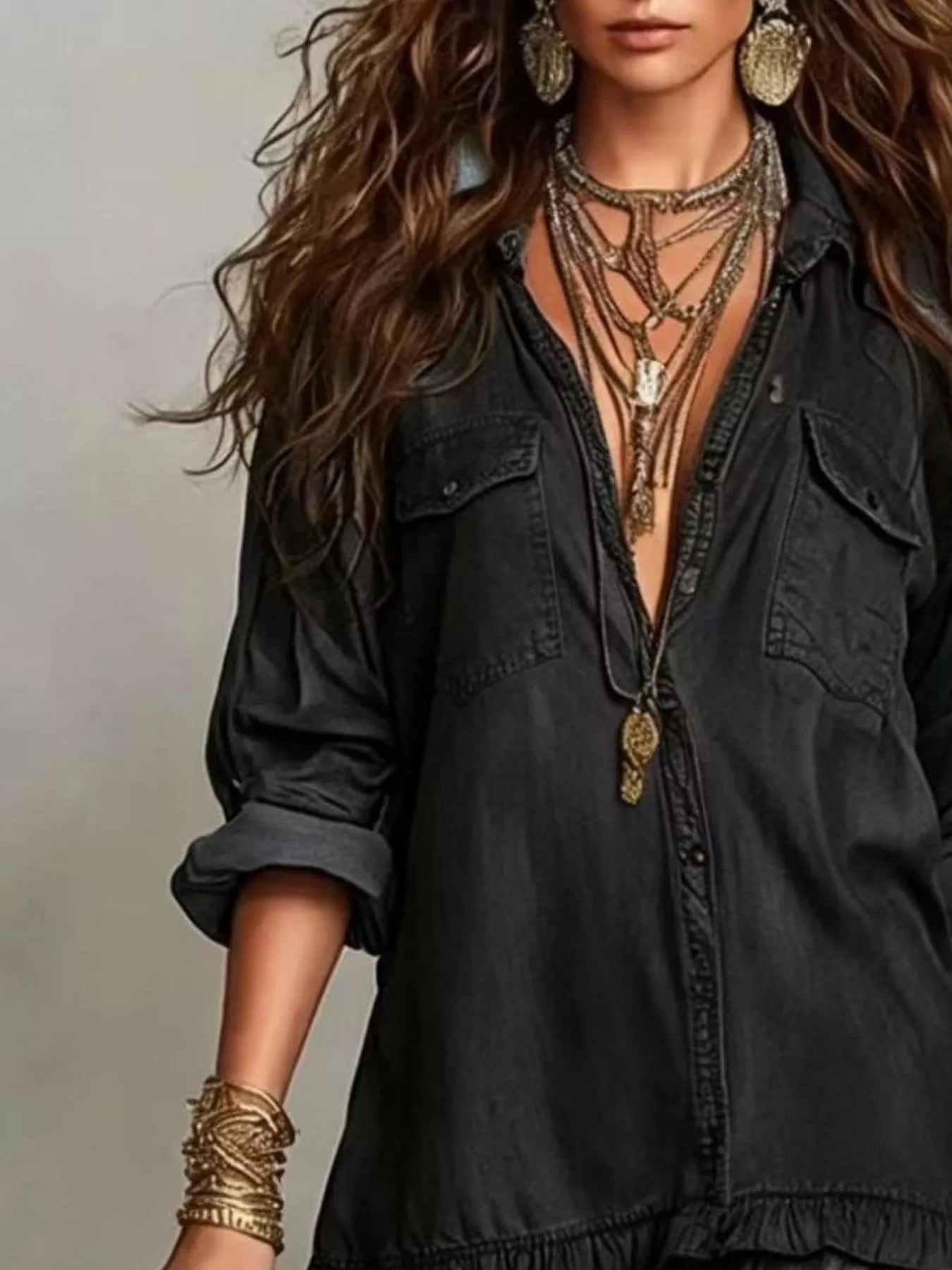 Tiered Long-Sleeve Denim Shirt Maxi Dress, Plus Size