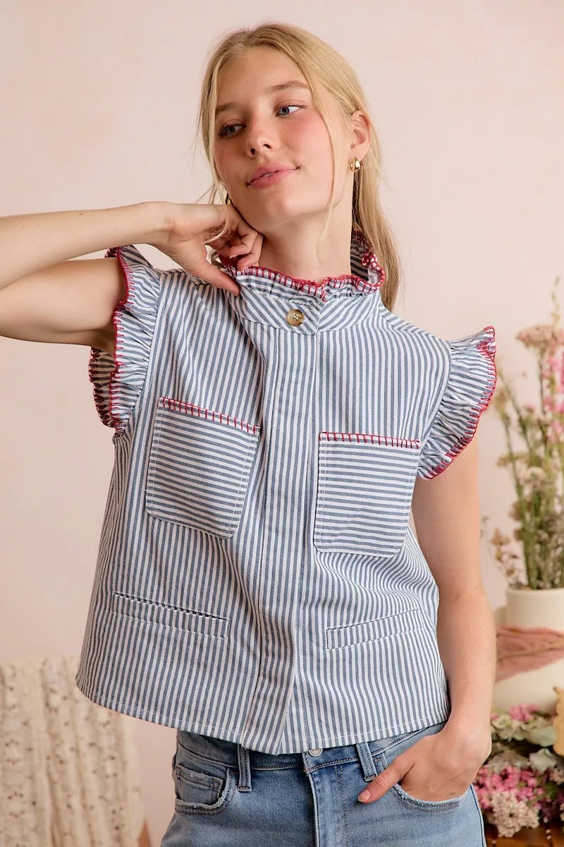 So Me Striped Ruffled Vest Top in Blue and Red in Blue/Red