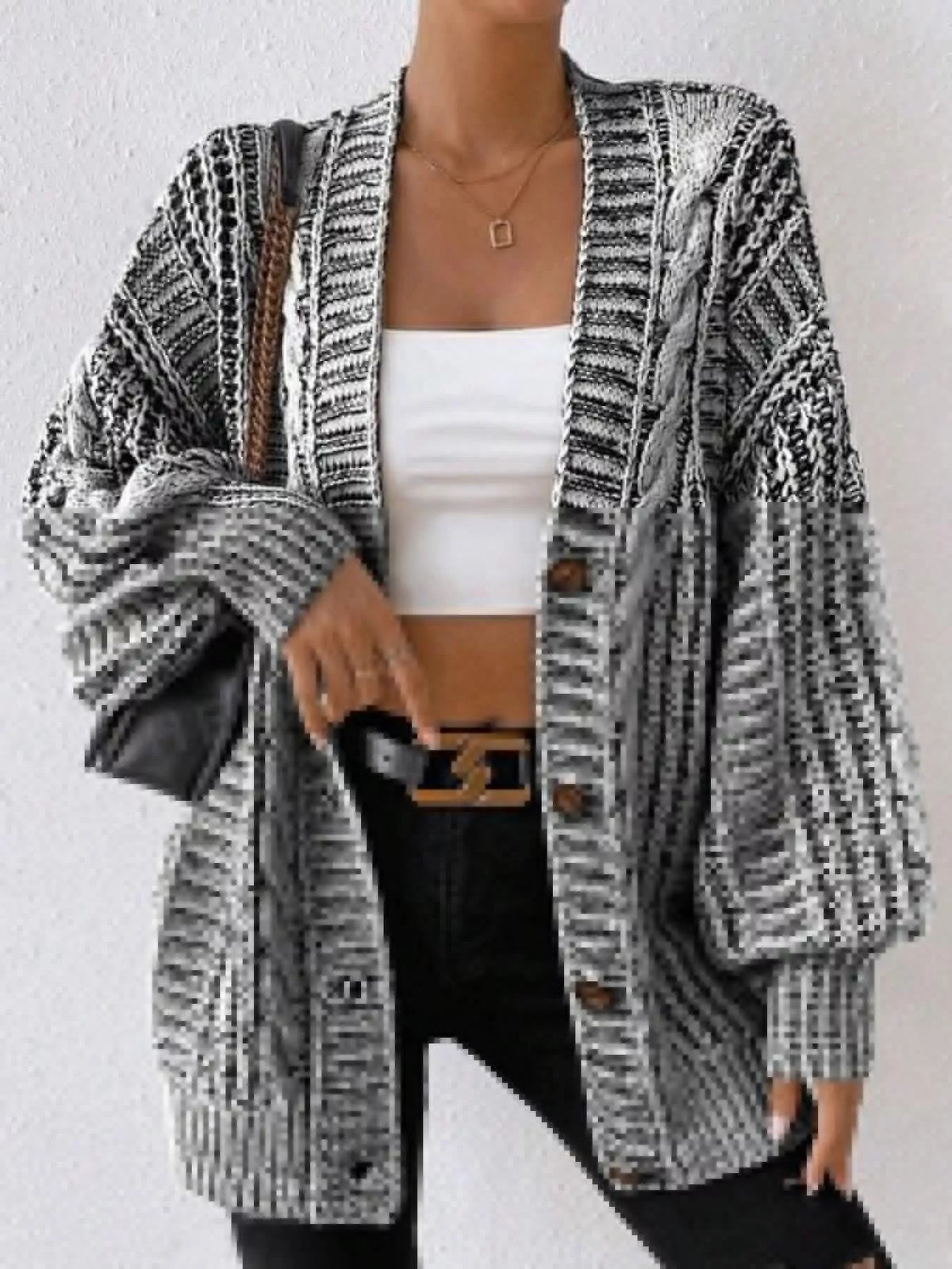 Chunky Cable Knit Button-Down Cardigan in Black