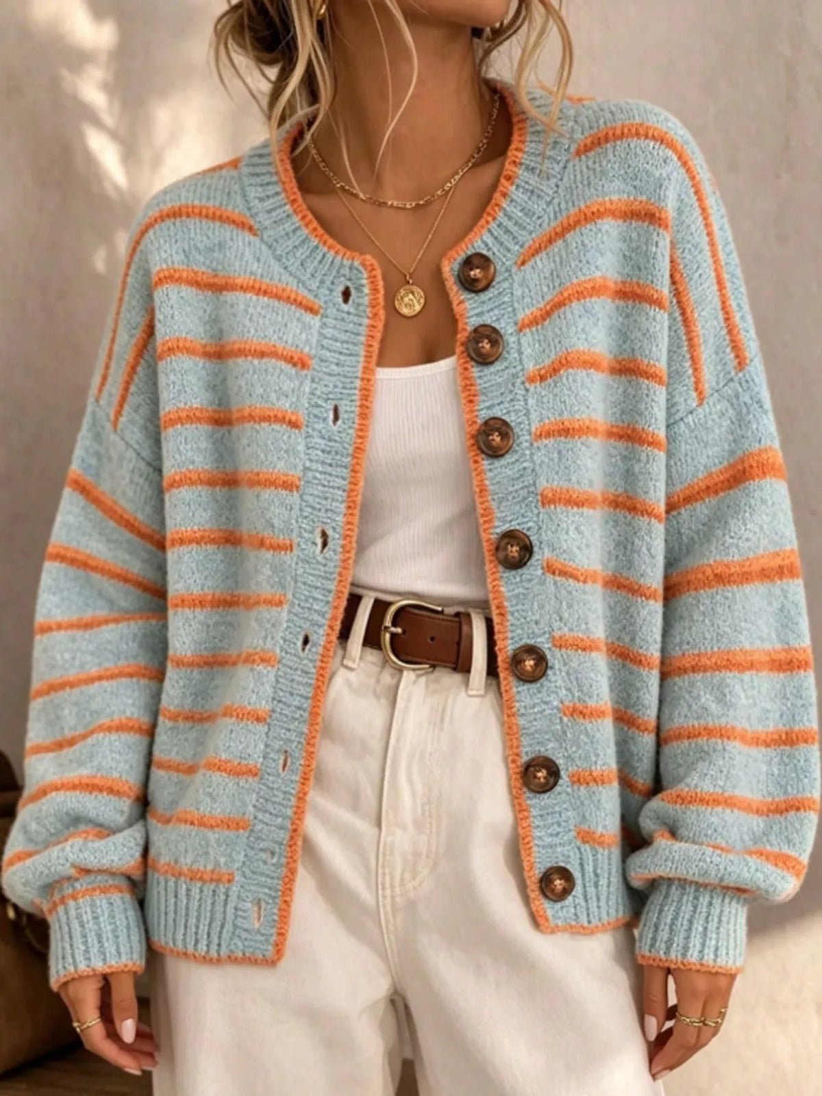 Striped Button-Front Knit Cardigan