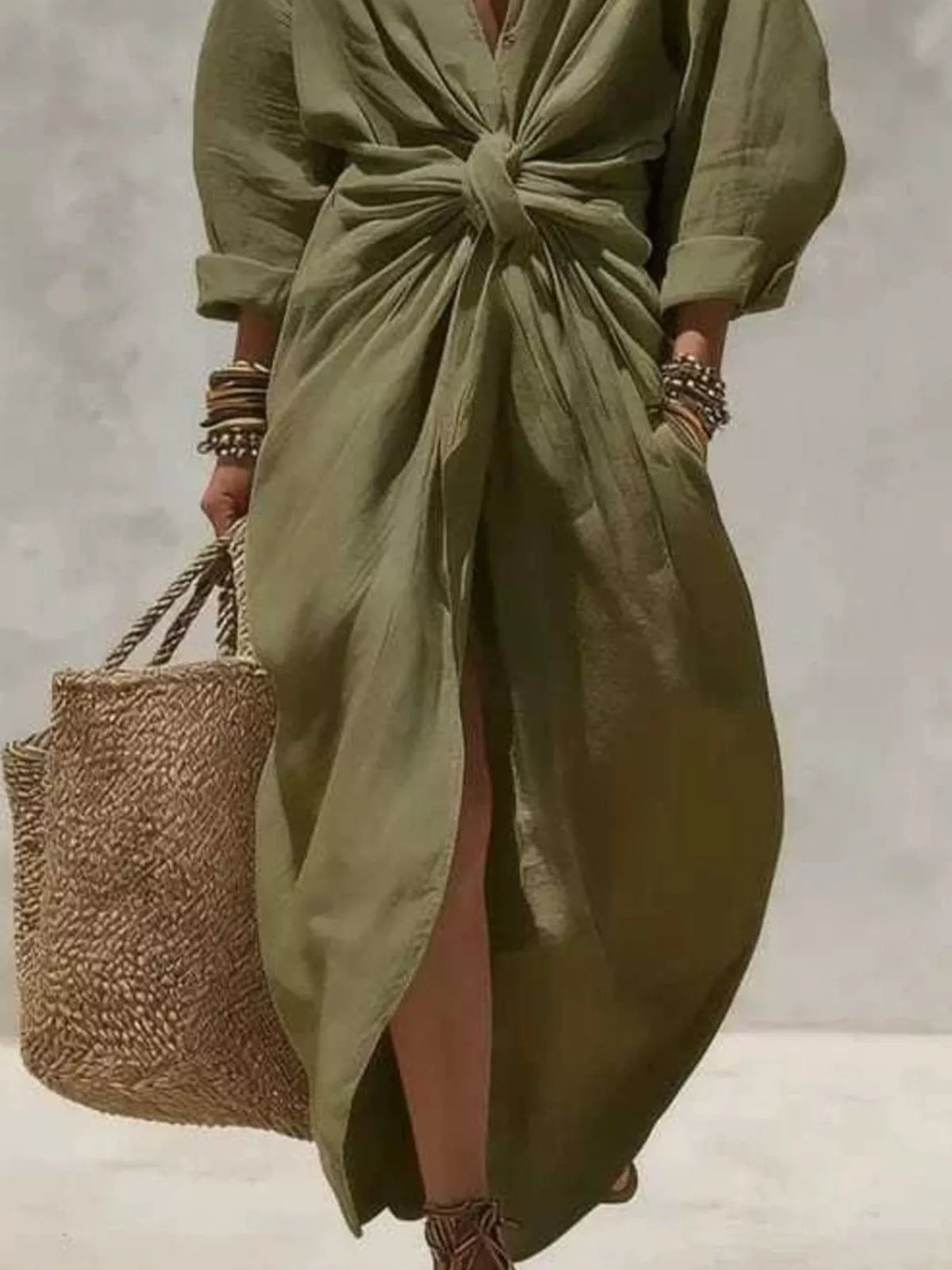 Front-Tie Maxi Shirt Dress
