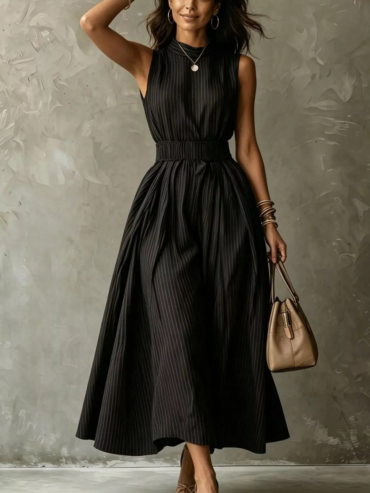 Striped Smocked Mock Neck Maxi Dress