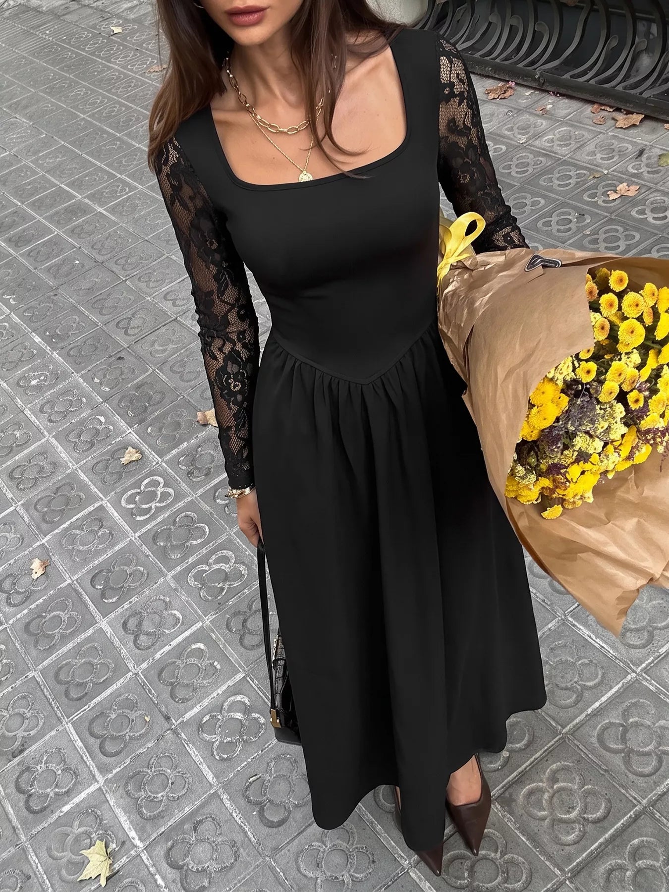 Square Neck Sheer Sleeve Maxi Dress in Black