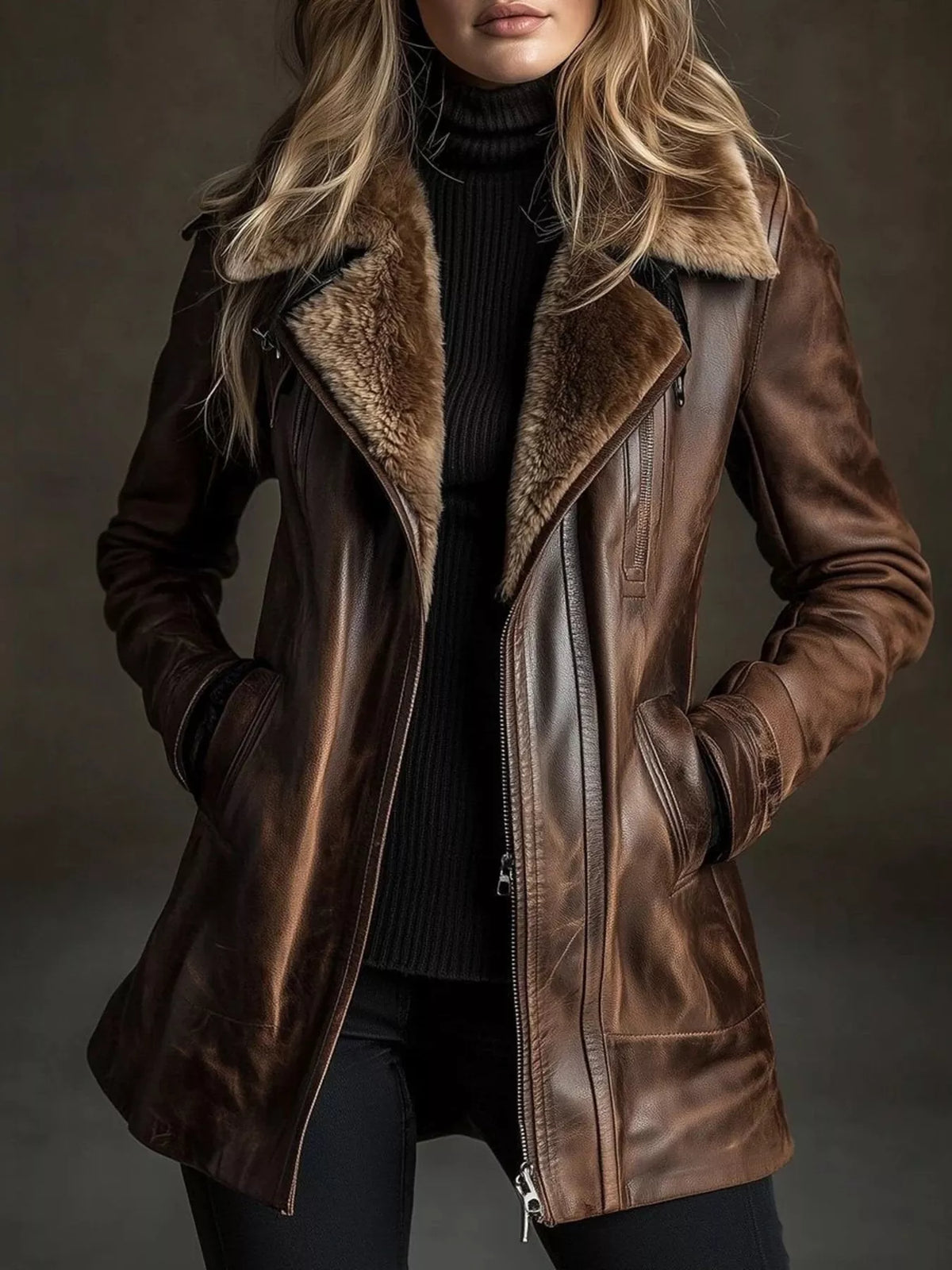 Vintage Washed Zip-Up Jacket in Brown