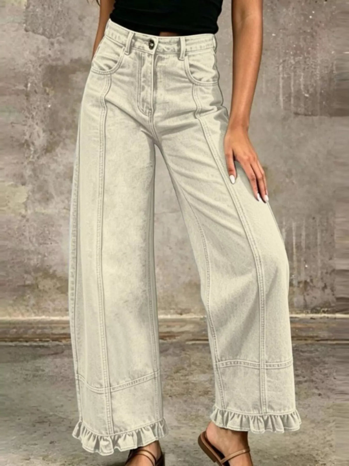 High-Waisted Wide-Leg Ruffle Hem Jeans by Invera