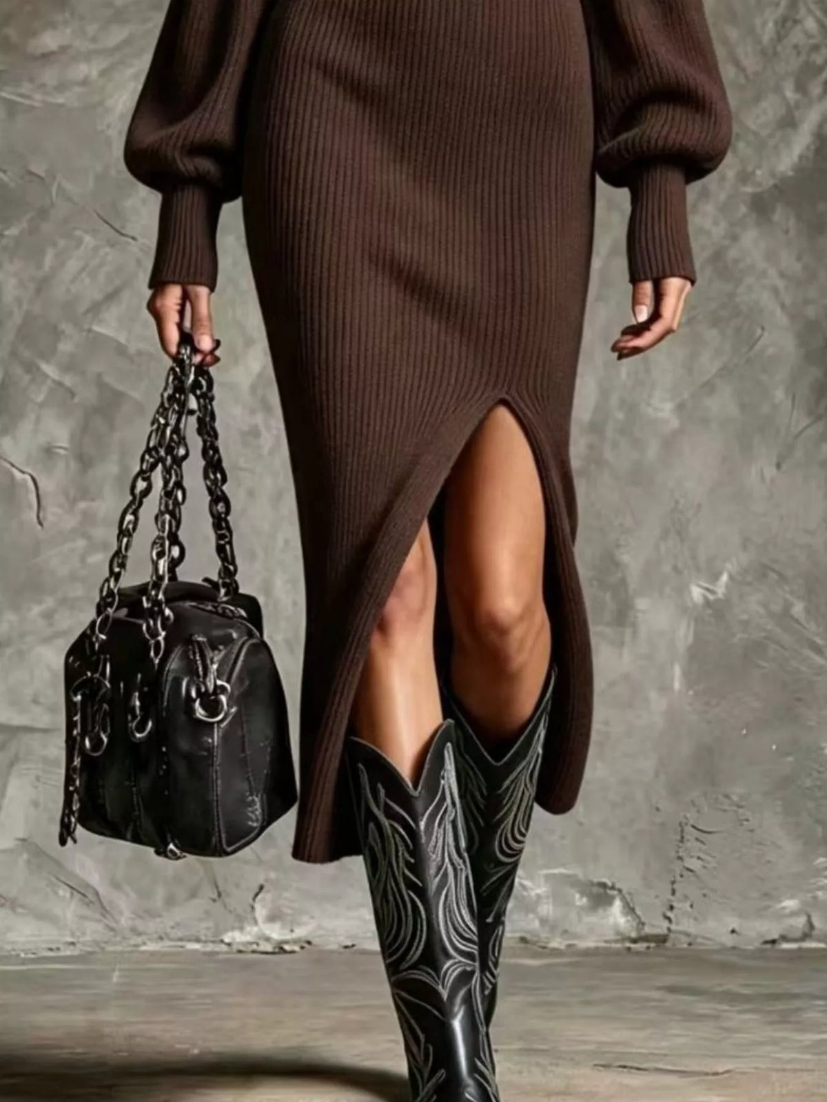 Ribbed Quarter-Zip Lantern Sleeve Sweater Dress