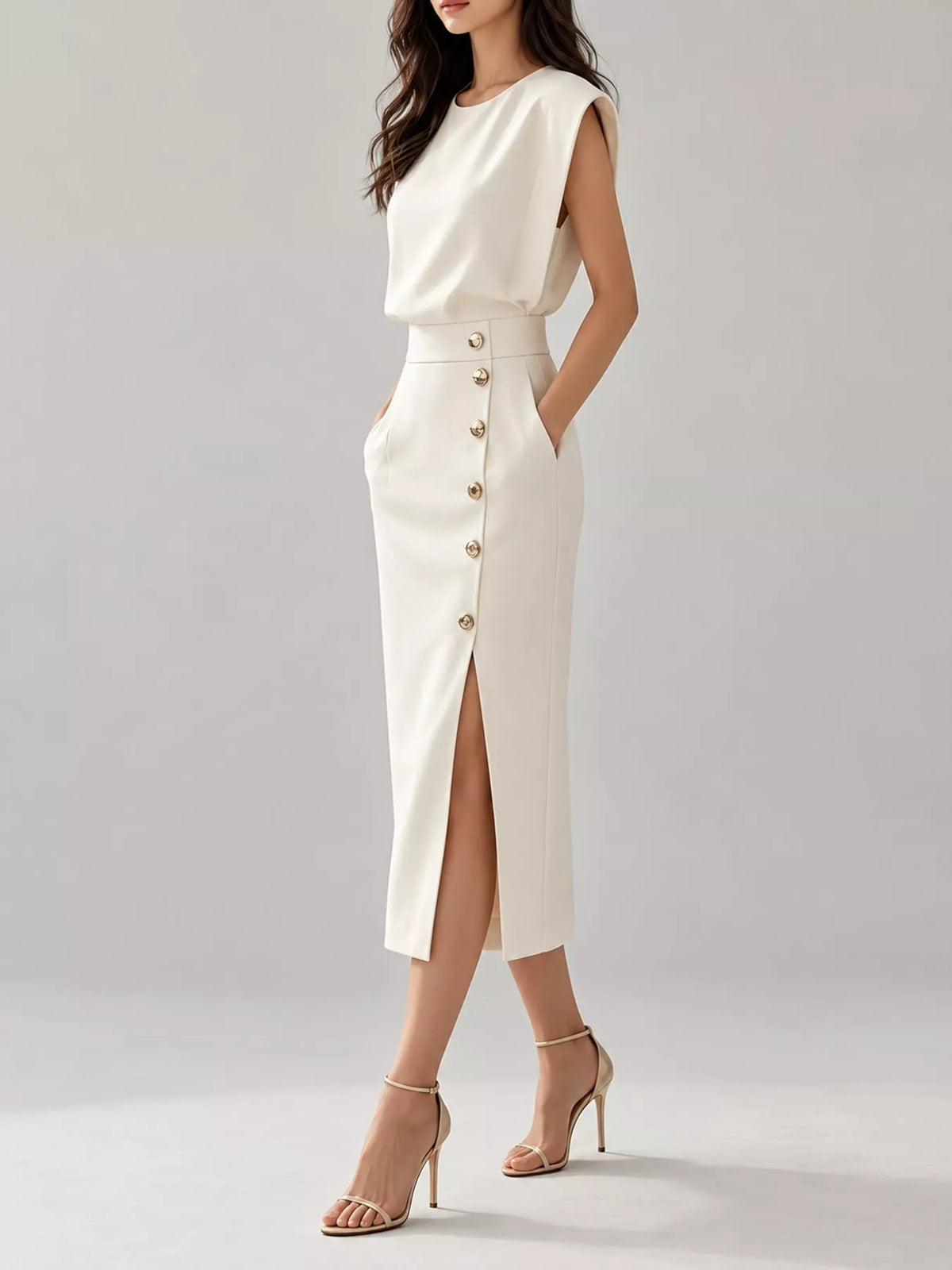 Sleeveless Midi Dress with Gold Button Detail