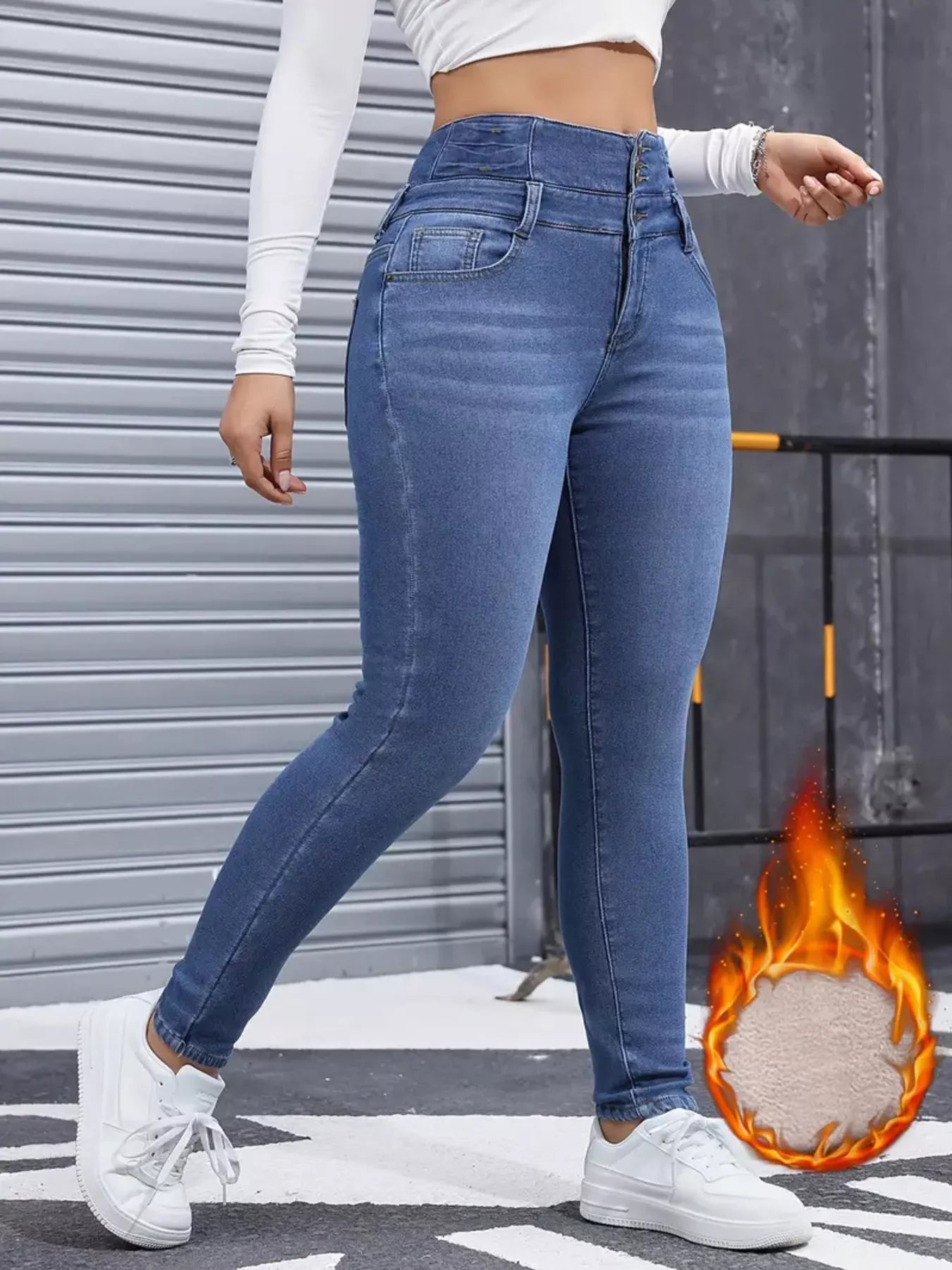 High-Waisted Slim Fit Fleece-Lined Jeans in Blue