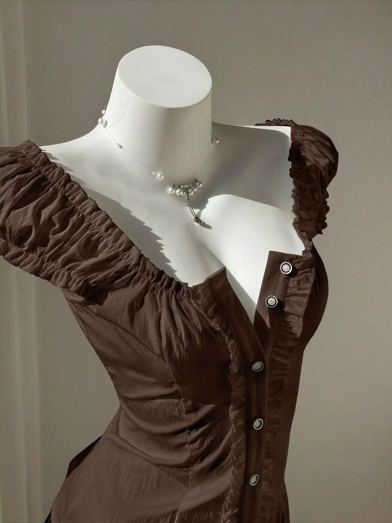 Puff Sleeve Ruched Button-Up Blouse in Brown