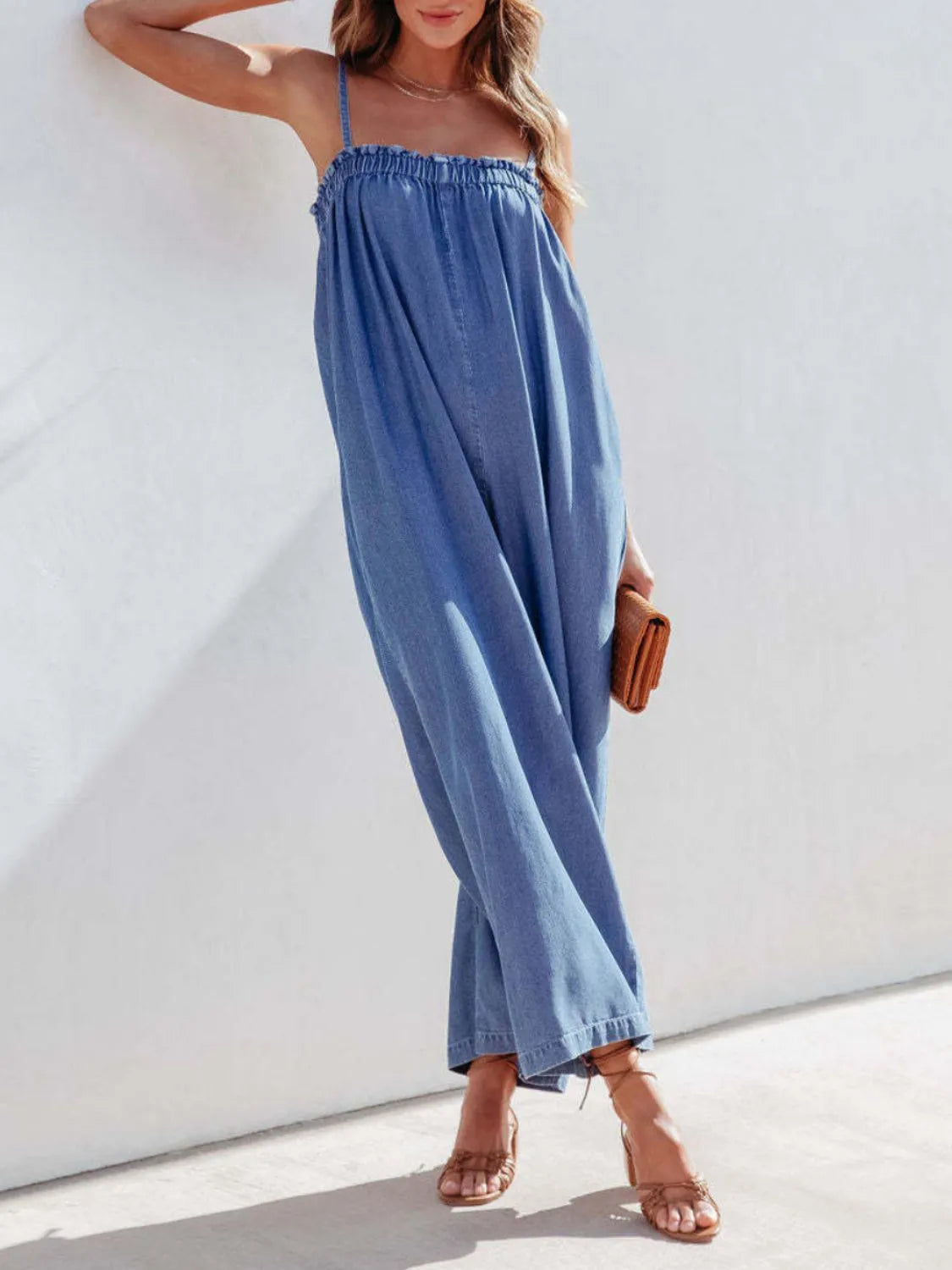 Spaghetti Strap Wide Leg Denim Jumpsuit in Medium Wash by Yolan House