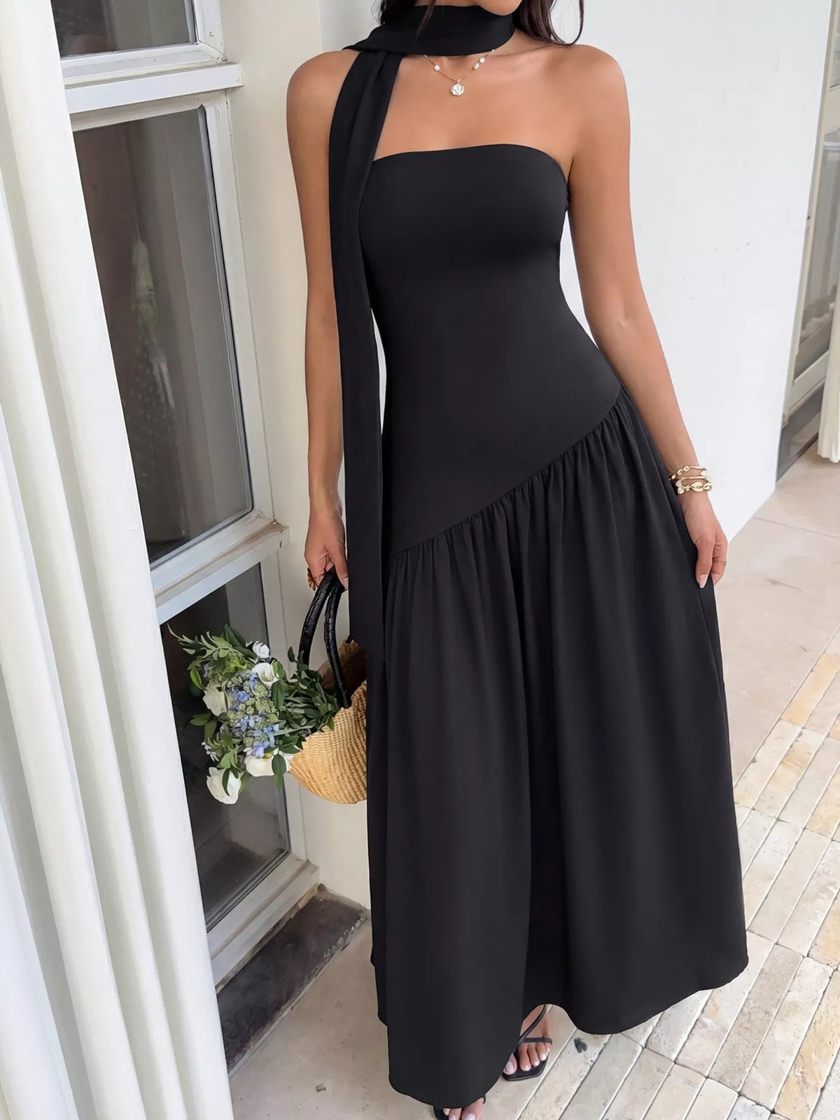Slit Tube Maxi Dress with Scarf in Black