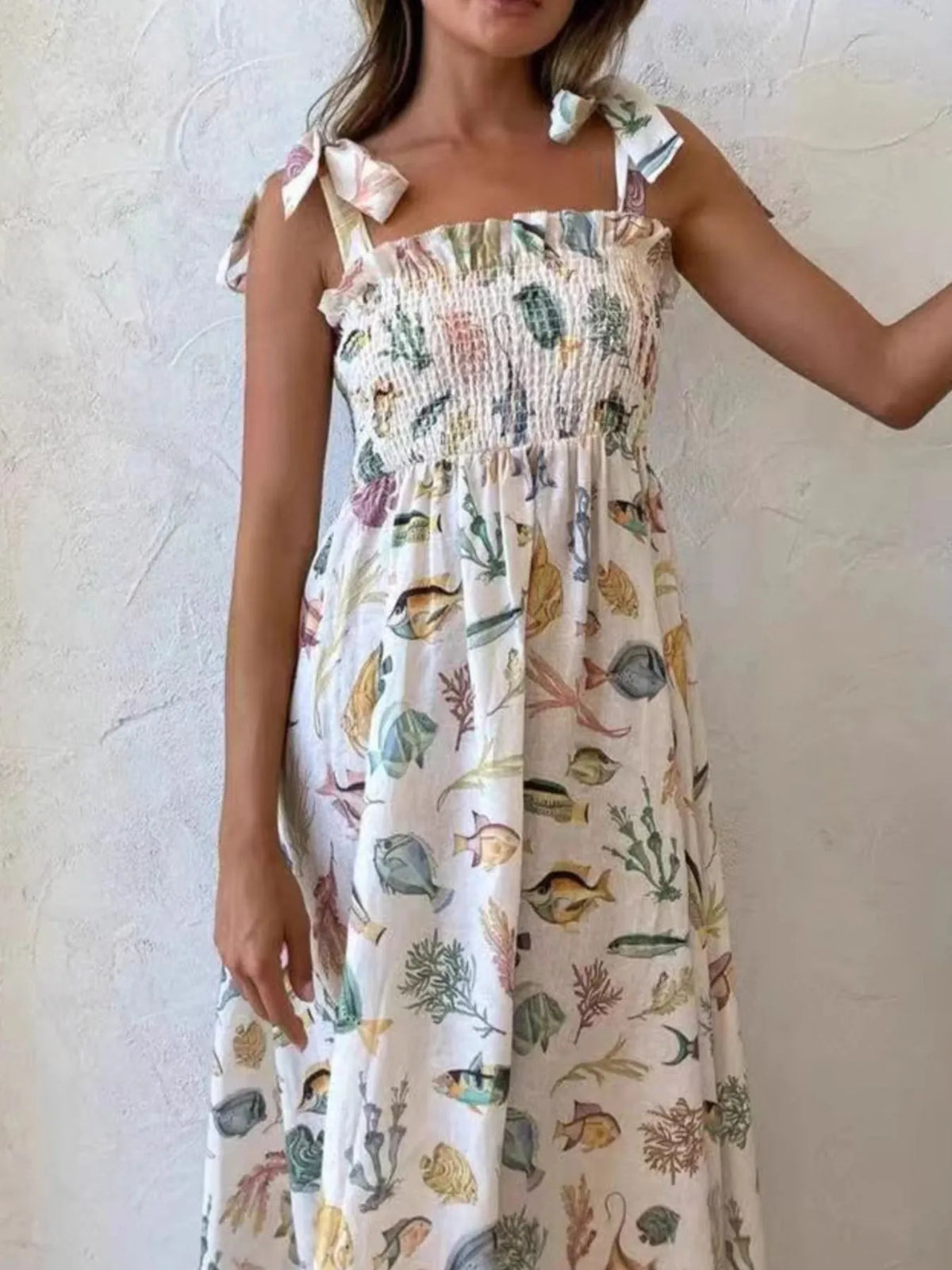 Floral Tie-Shoulder Smocked Dress in White