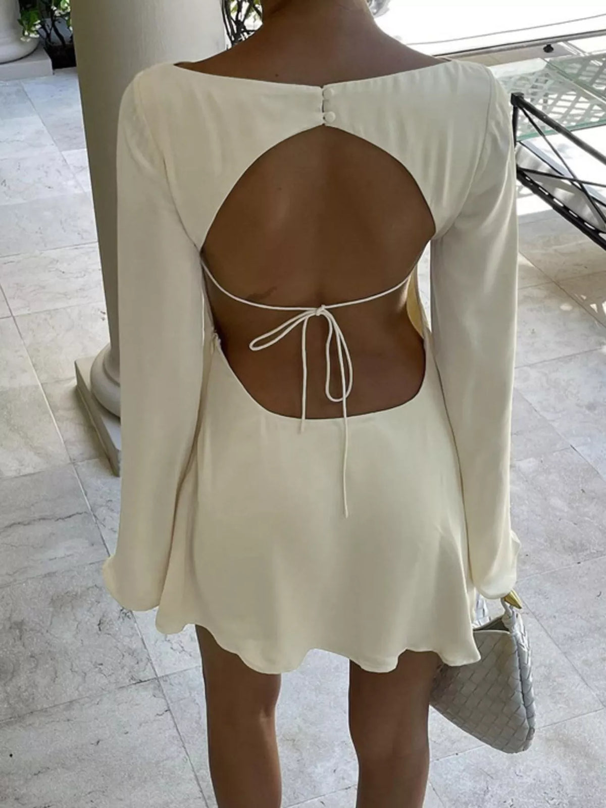 Backless Long Sleeve Mini Dress in Beige