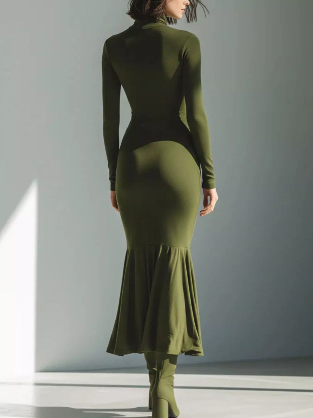 Slit Turtleneck Ruched Bodycon Mermaid Dress, Full Size