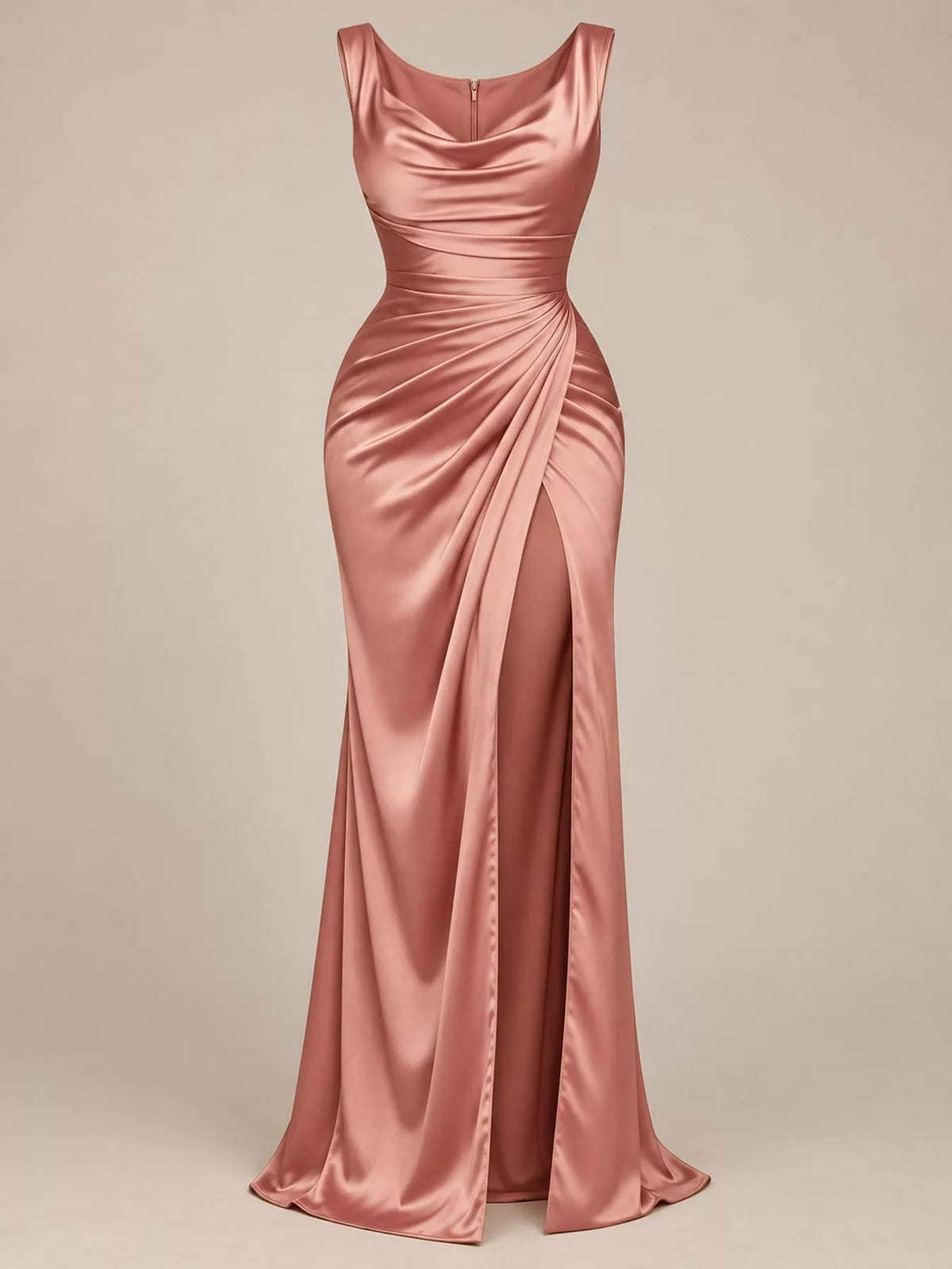Satin Cowl Neck High-Slit Evening Maxi Dress