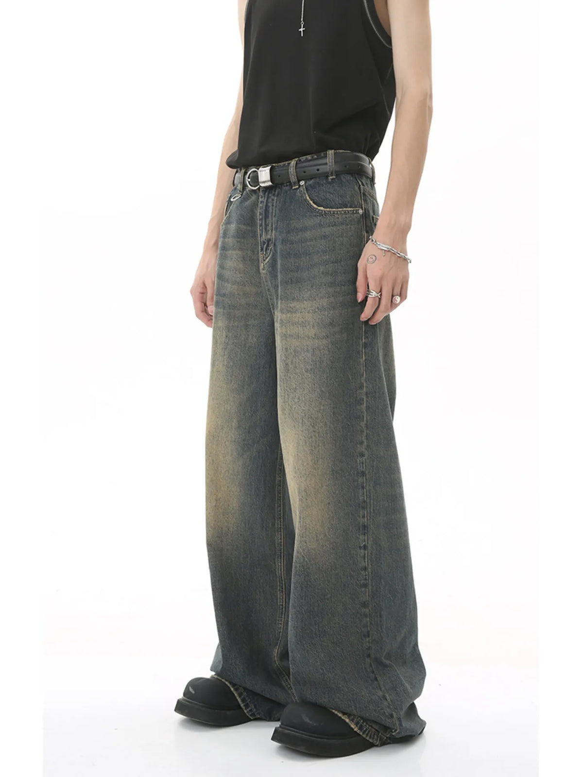 Vintage Wash Wide Leg Jeans in Dark Blue by Firm Stand
