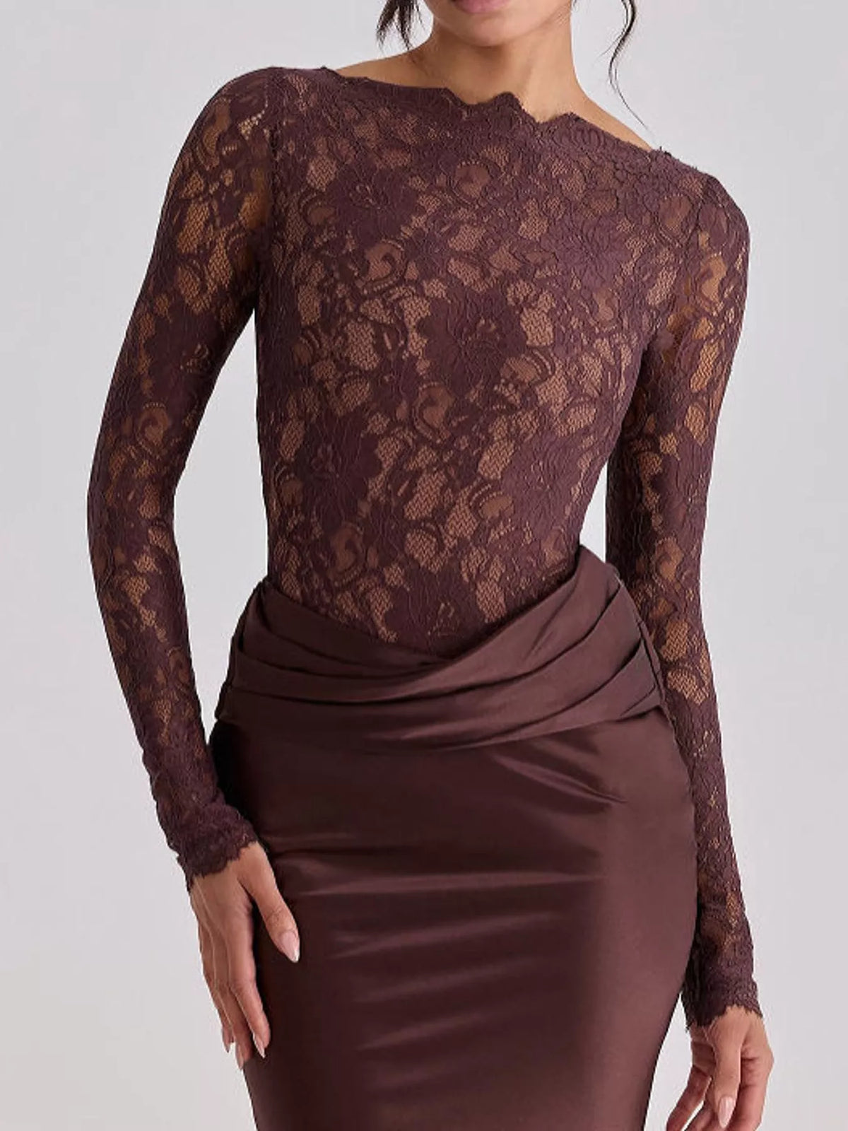 Long-Sleeve Lace and Satin Patchwork Maxi Dress