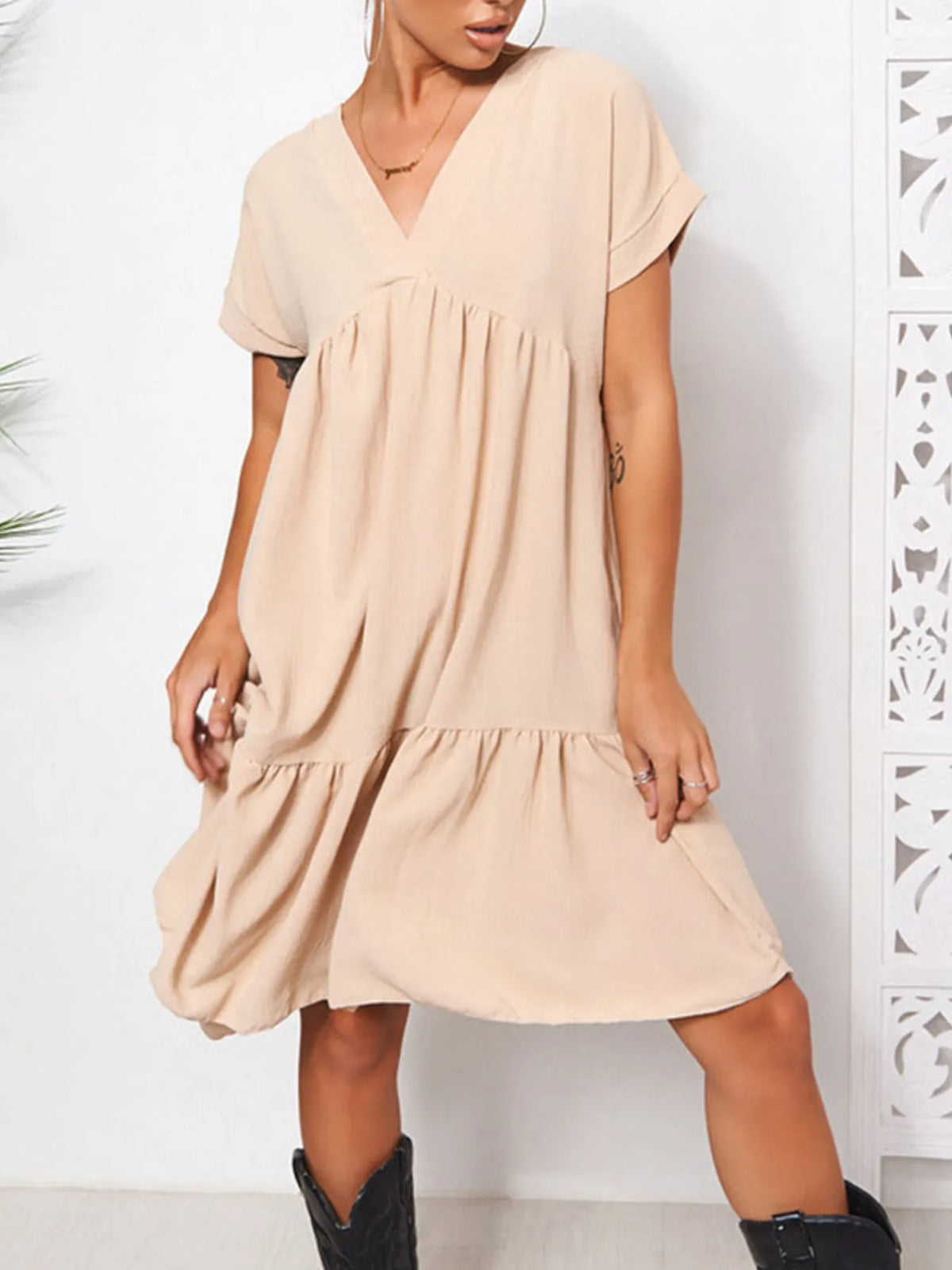 Oversized V-Neck Tiered Mini Dress by ArtisticExpression