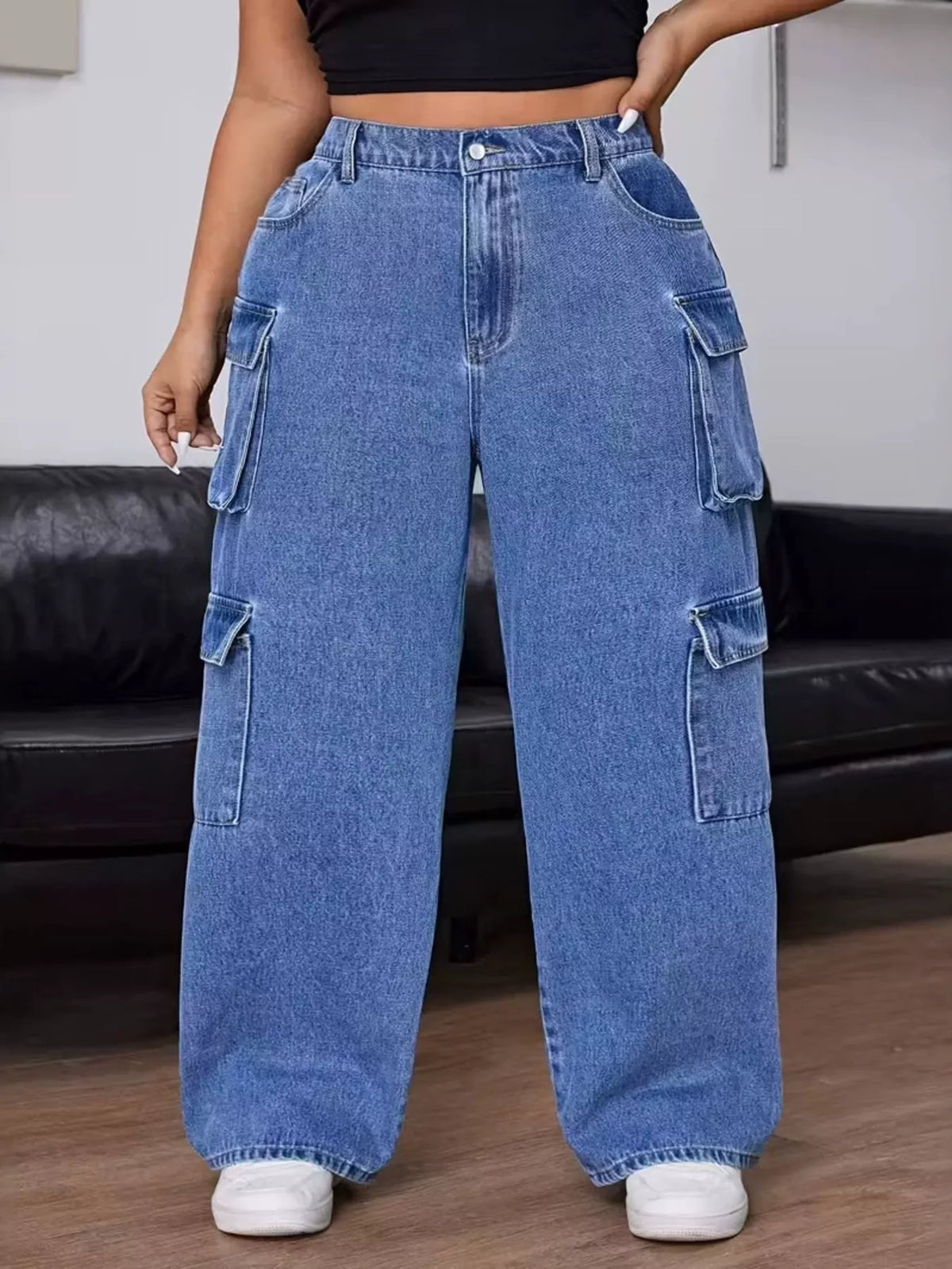 Plus Size High-Waisted Wide-Leg Cargo Jeans