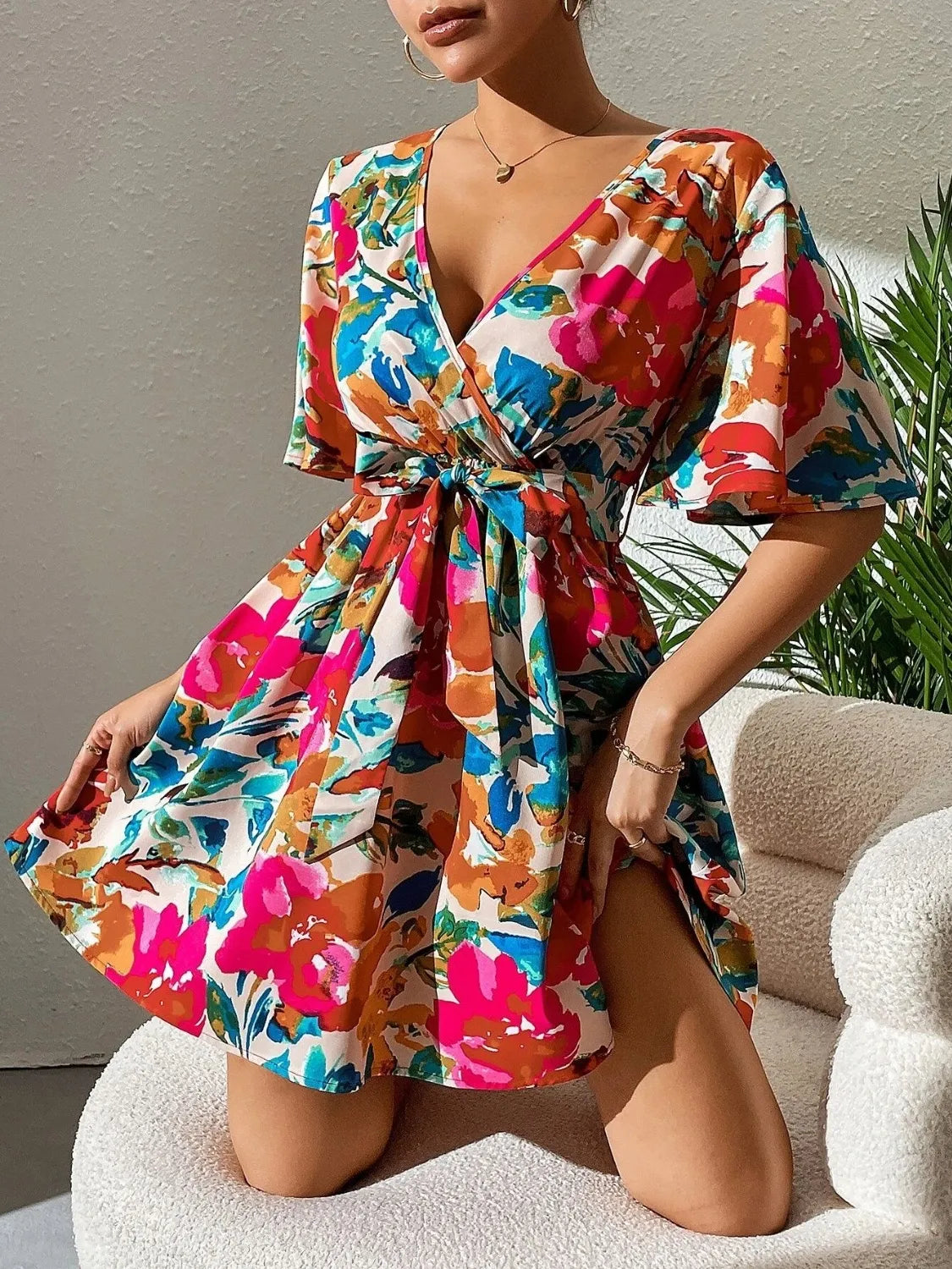 Printed Surplice Mini Dress in Hot Pink
