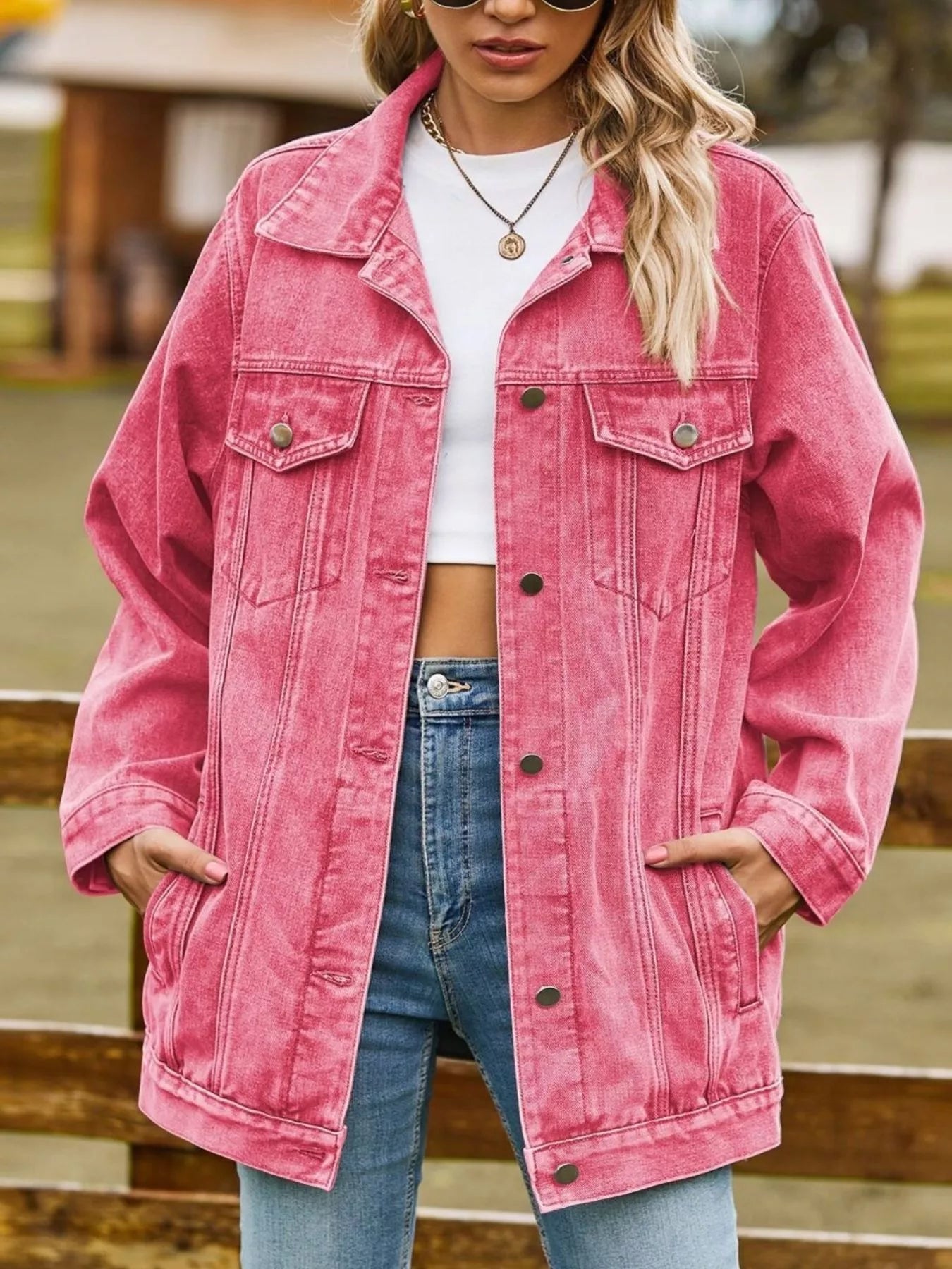 Button-Down Washed Denim Jacket in Hot Pink by Moni Wear