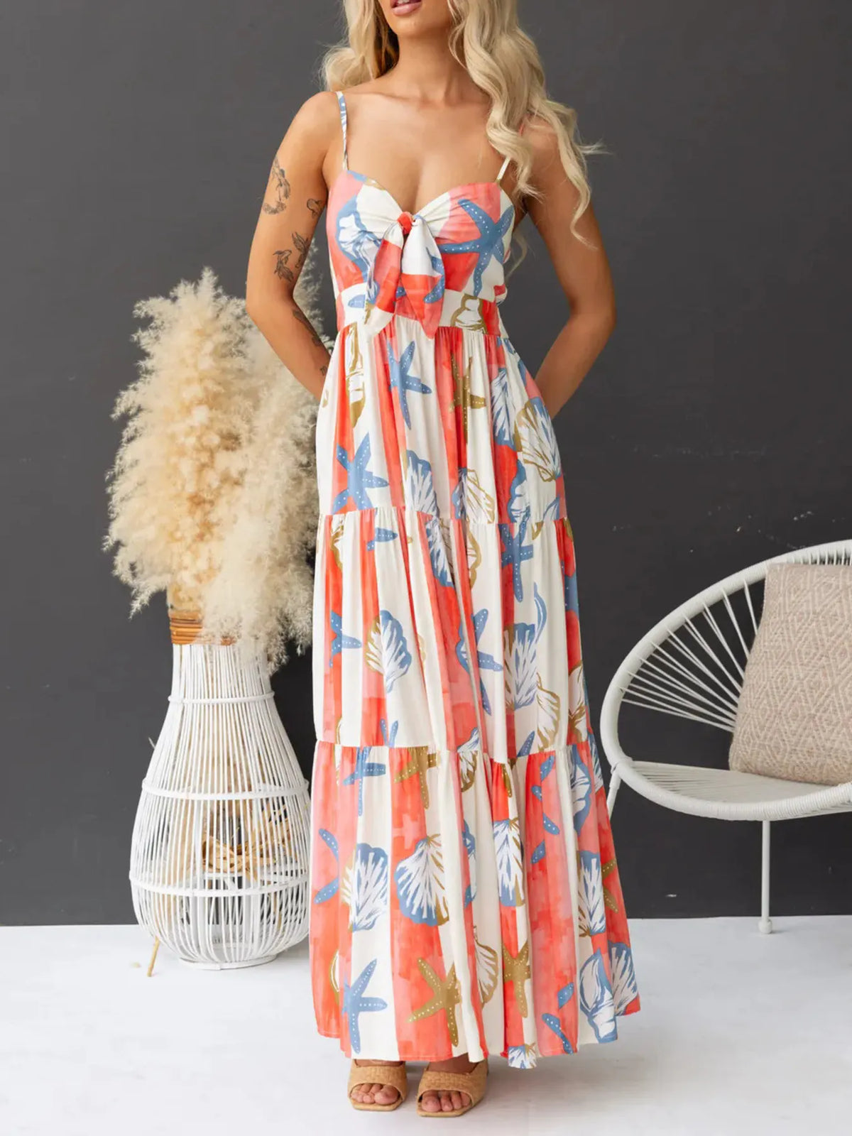 Printed Spaghetti Strap Maxi Dress with Pockets in Color