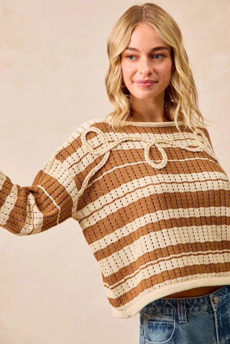 Striped Open-Knit Sweater Top in Brown by BiBi