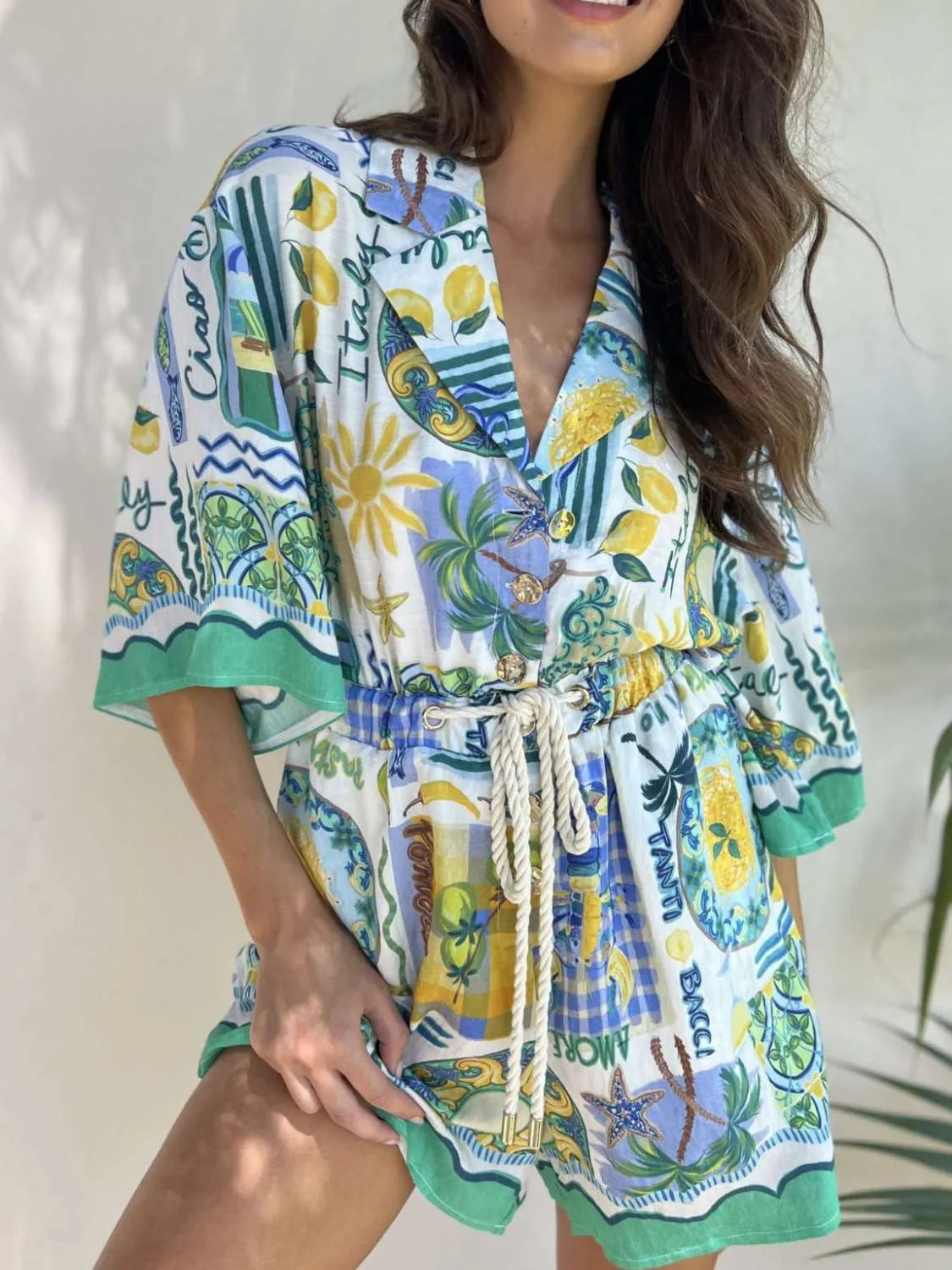 Printed Collared Romper in Turquoise