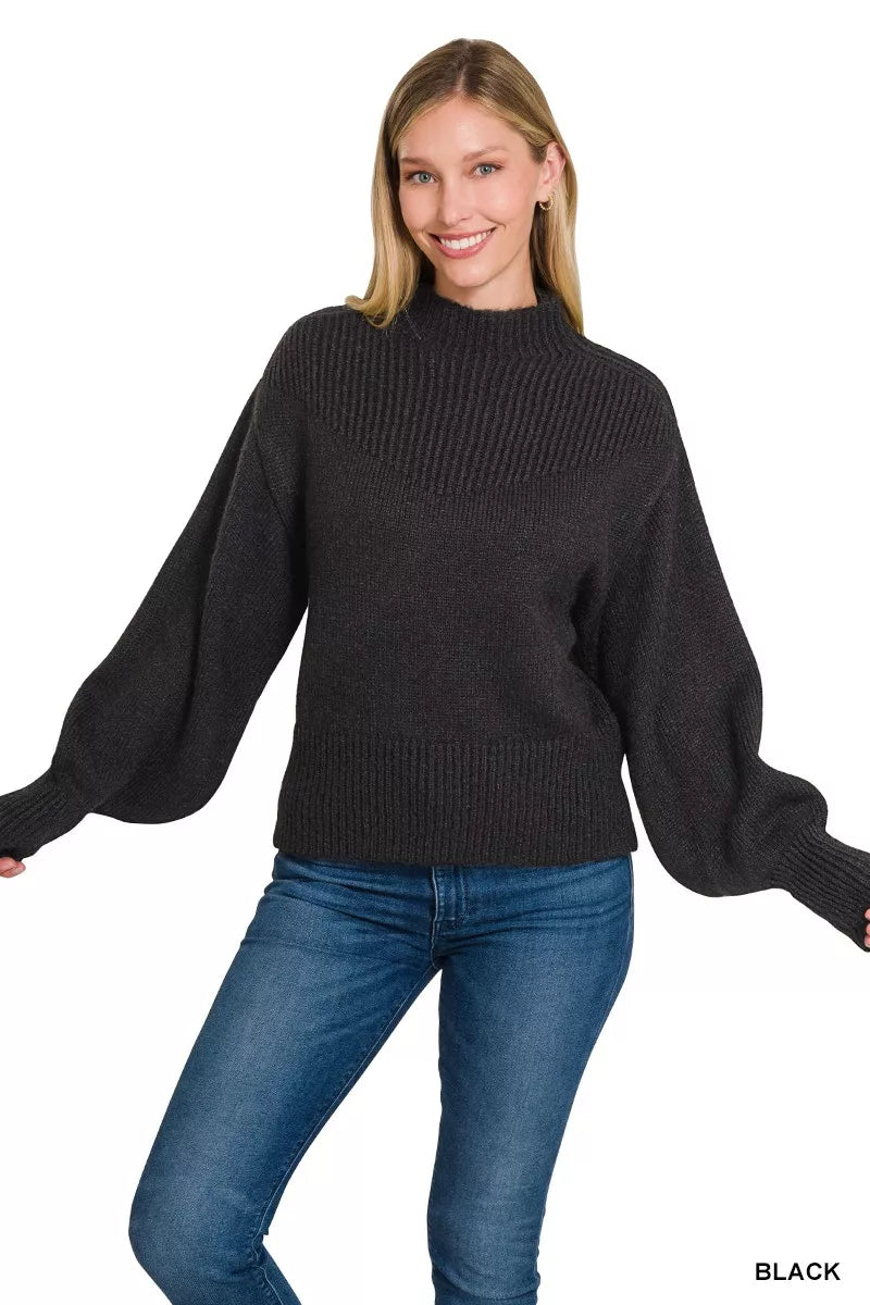 Zenana Balloon Sleeve Mock Neck Sweater in Black