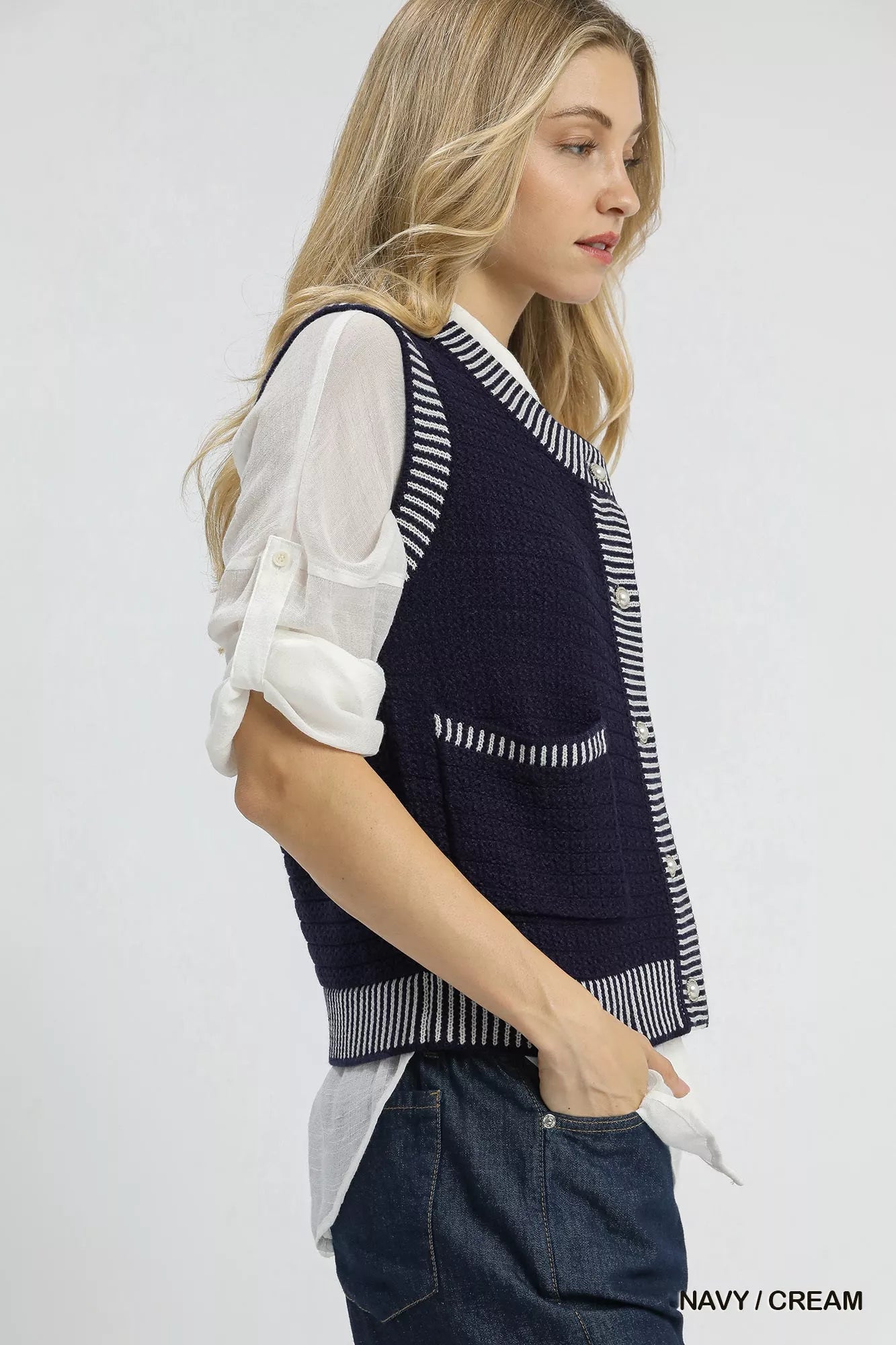 Umgee Striped Trim Button-Down Sweater Vest in Navy and Cream in Navy / cream