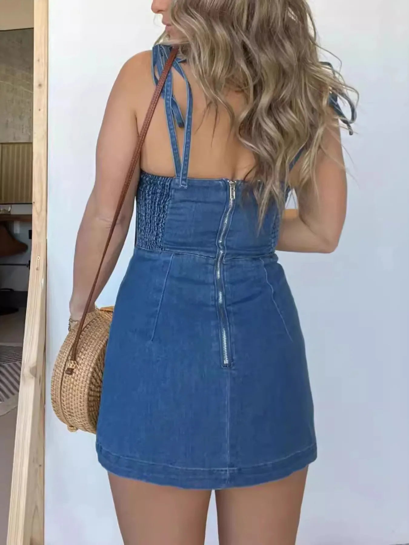 Square Neck Slit Denim Dress