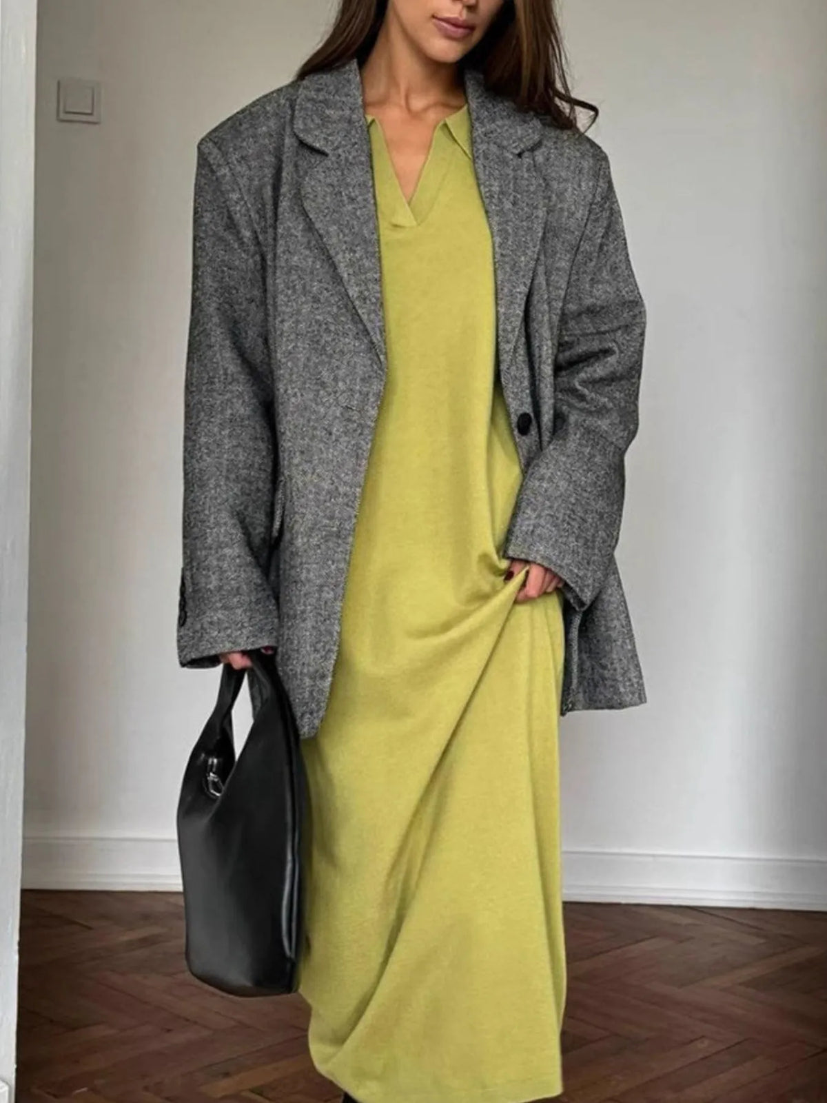 Collared Long Sleeve Knit Dress with Buttons