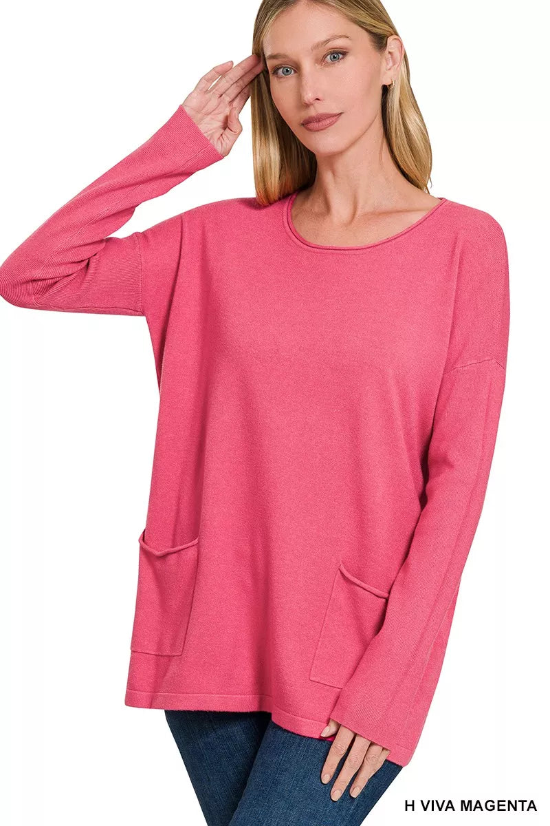 Zenana Long Sleeve Sweater with Front Pockets in Viva Magenta in H viva magenta