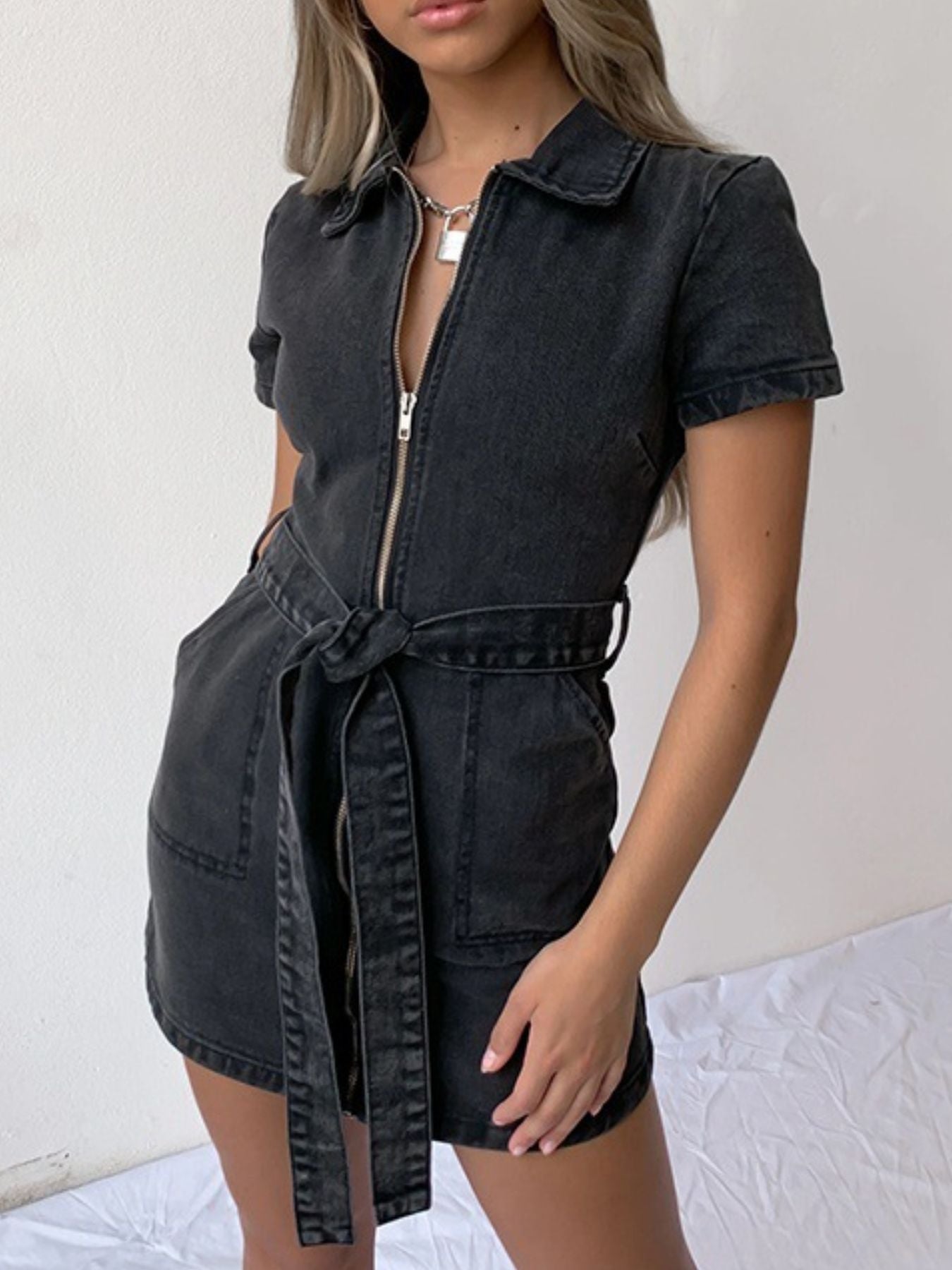 Zip-Front Short Sleeve Denim Dress by Yolan House