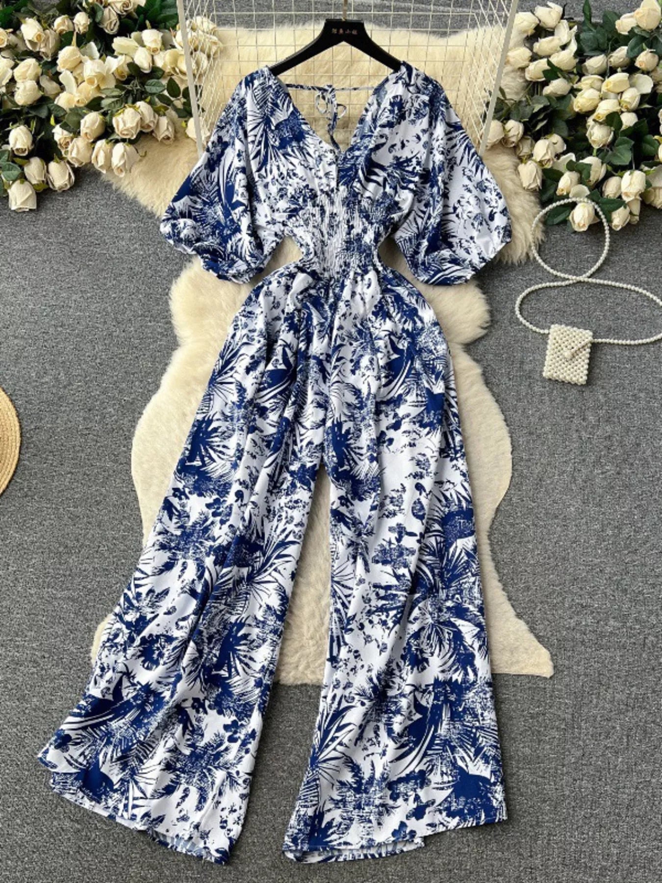 Smocked V-Neck Wide Leg Jumpsuit