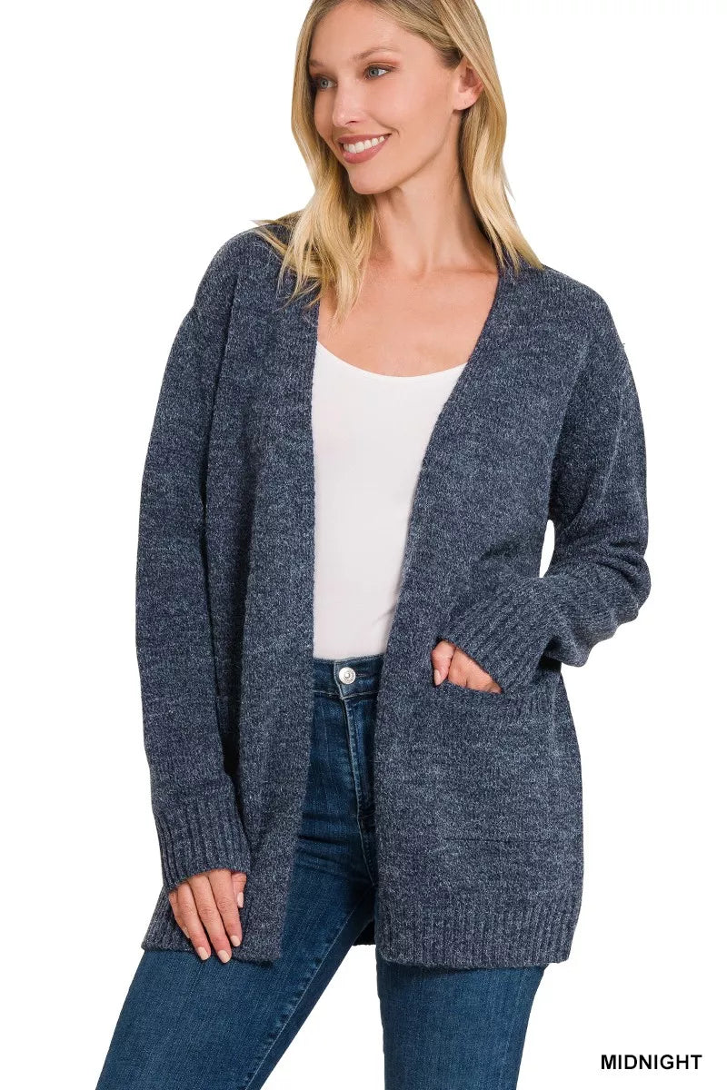 Zenana Open Front Sweater Cardigan in Midnight