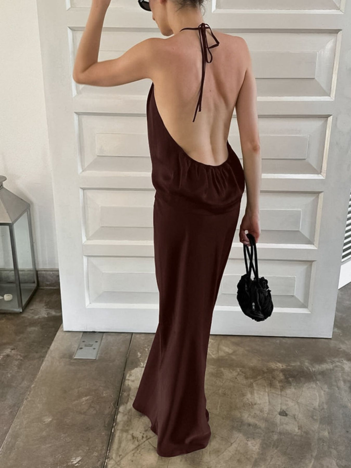 Backless Halter Maxi Dress in Brown