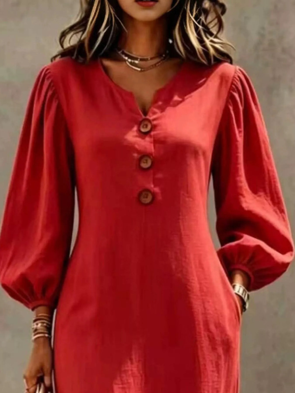 Button Balloon Sleeve Maxi Dress