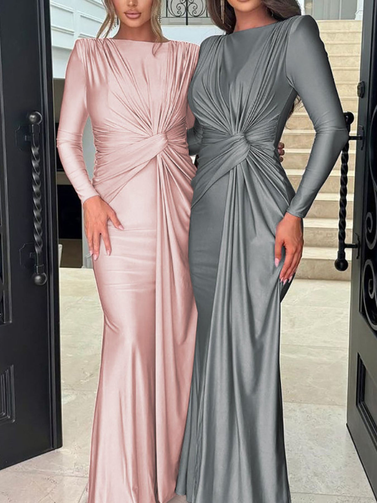 Ruched Knot-Front Long Sleeve Maxi Dress