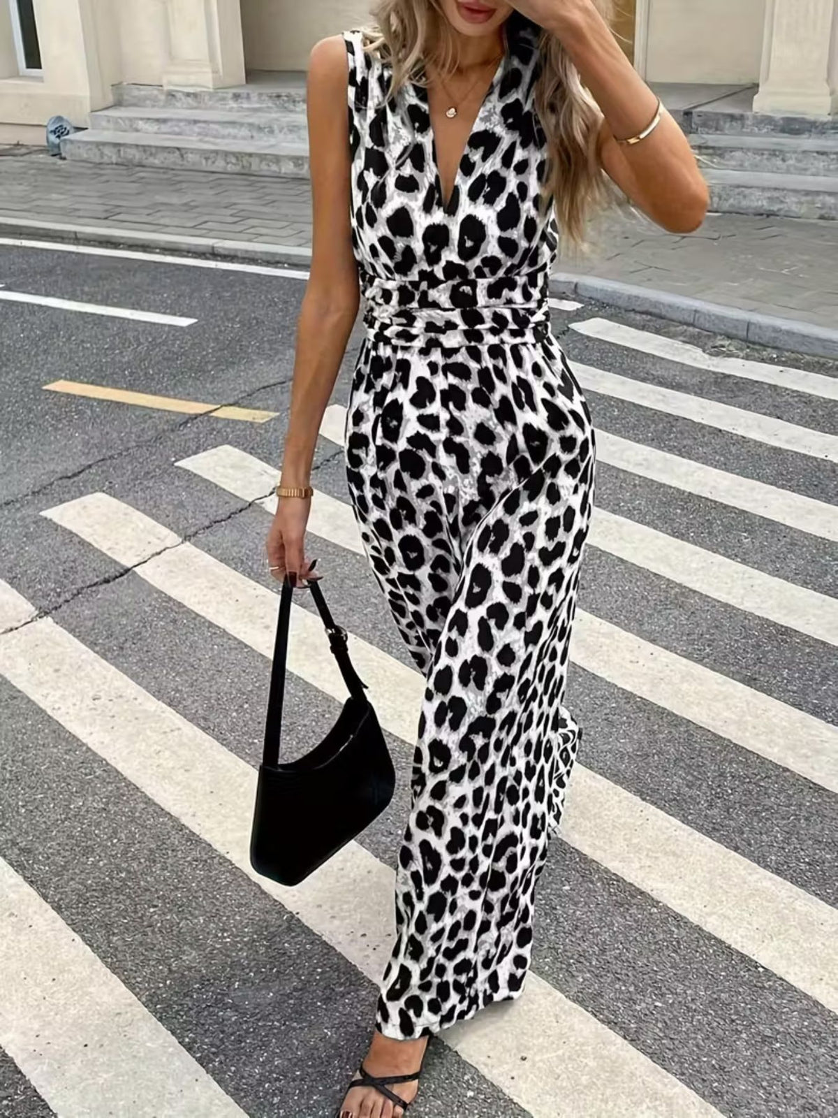 Sleeveless V-Neck Leopard Print Wide Leg Jumpsuit