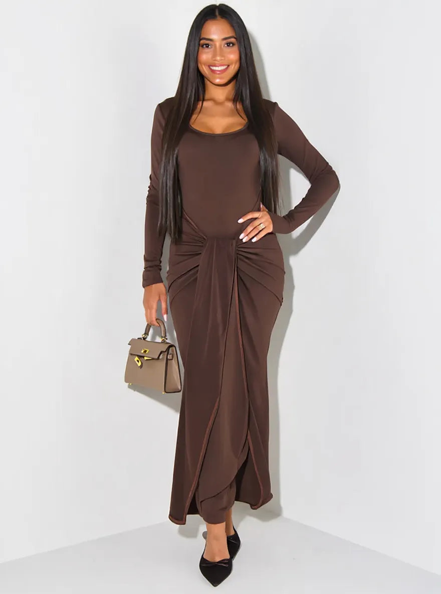 Long Sleeve Tie-Front Maxi Dress in Black