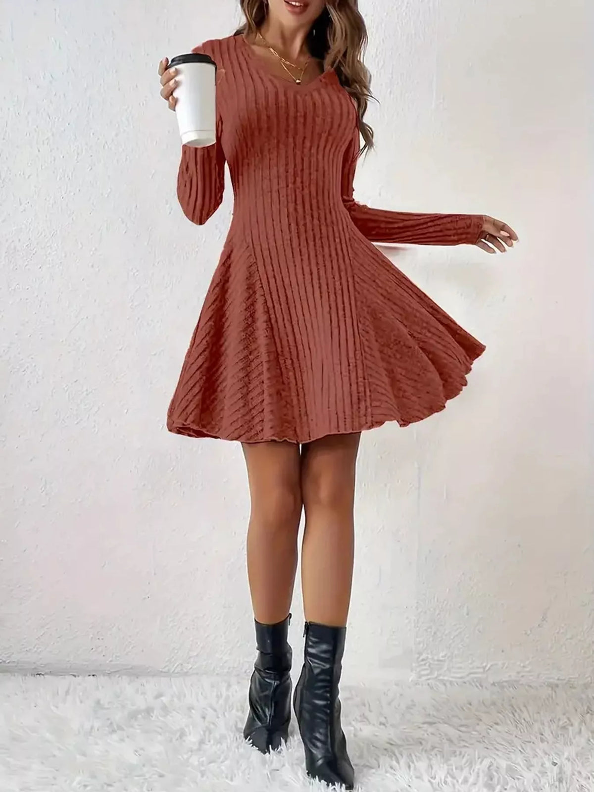 V-Neck Ribbed Knit A-Line Dress