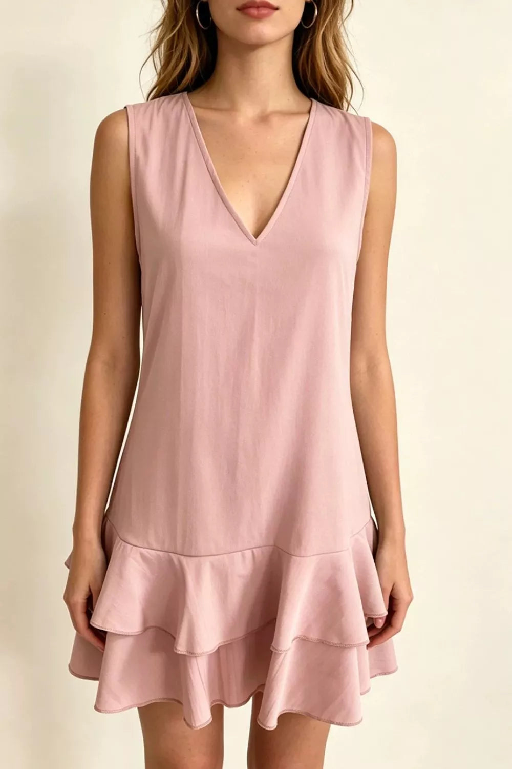 Sleeveless V-Neck Ruffle Hem Mini Dress in Beige