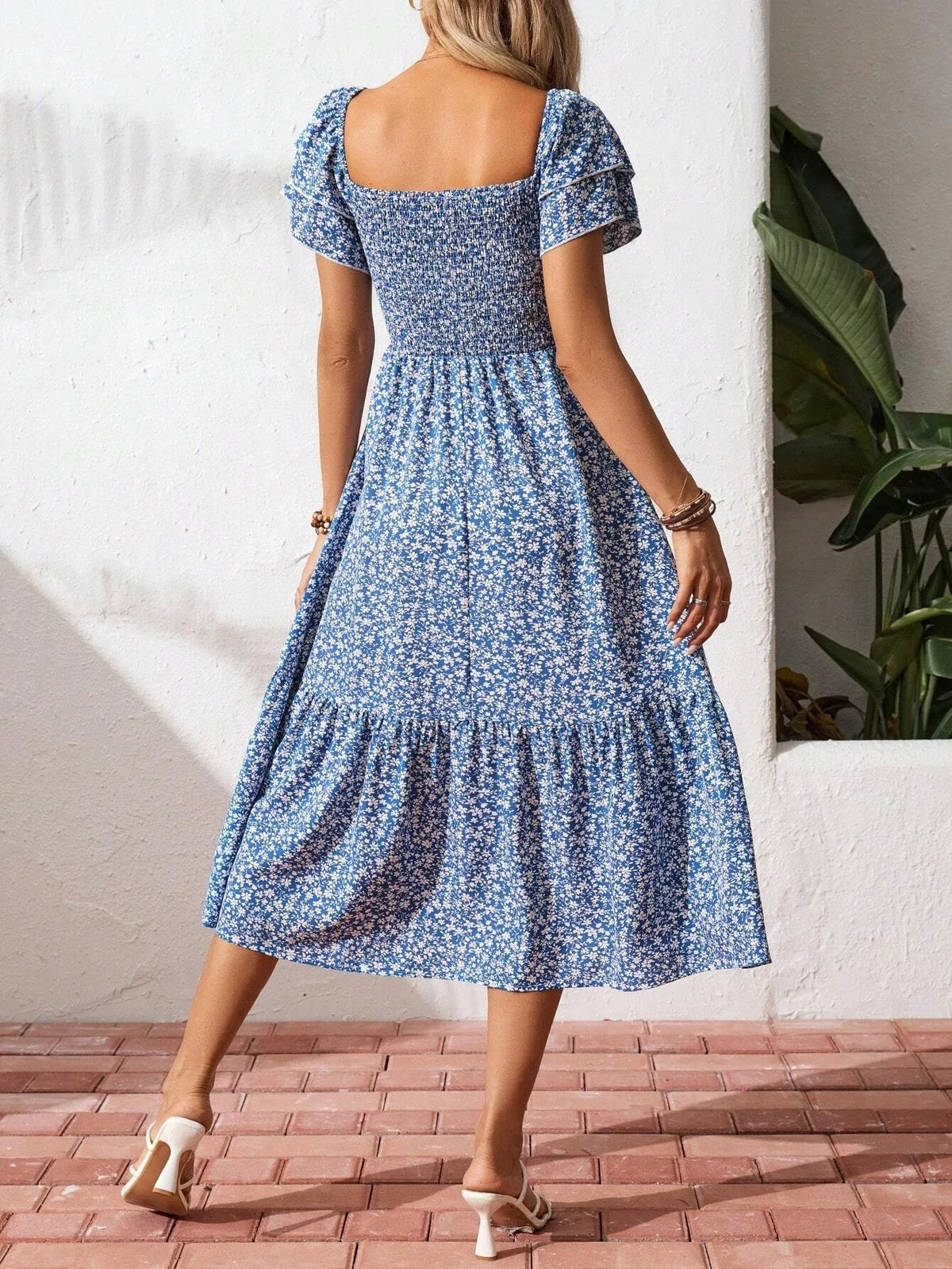 Floral Smocked Midi Dress in Blue