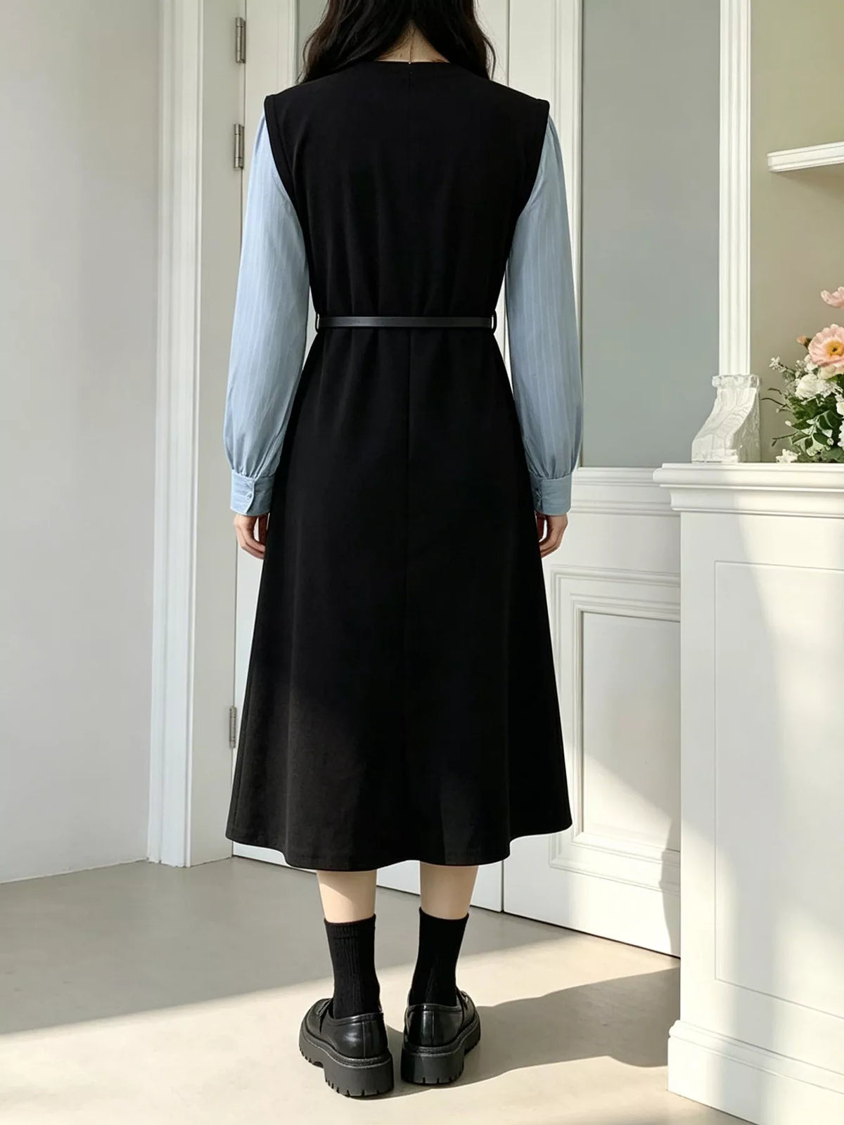 Contrast Sleeve A-Line Dress with Belt in Black