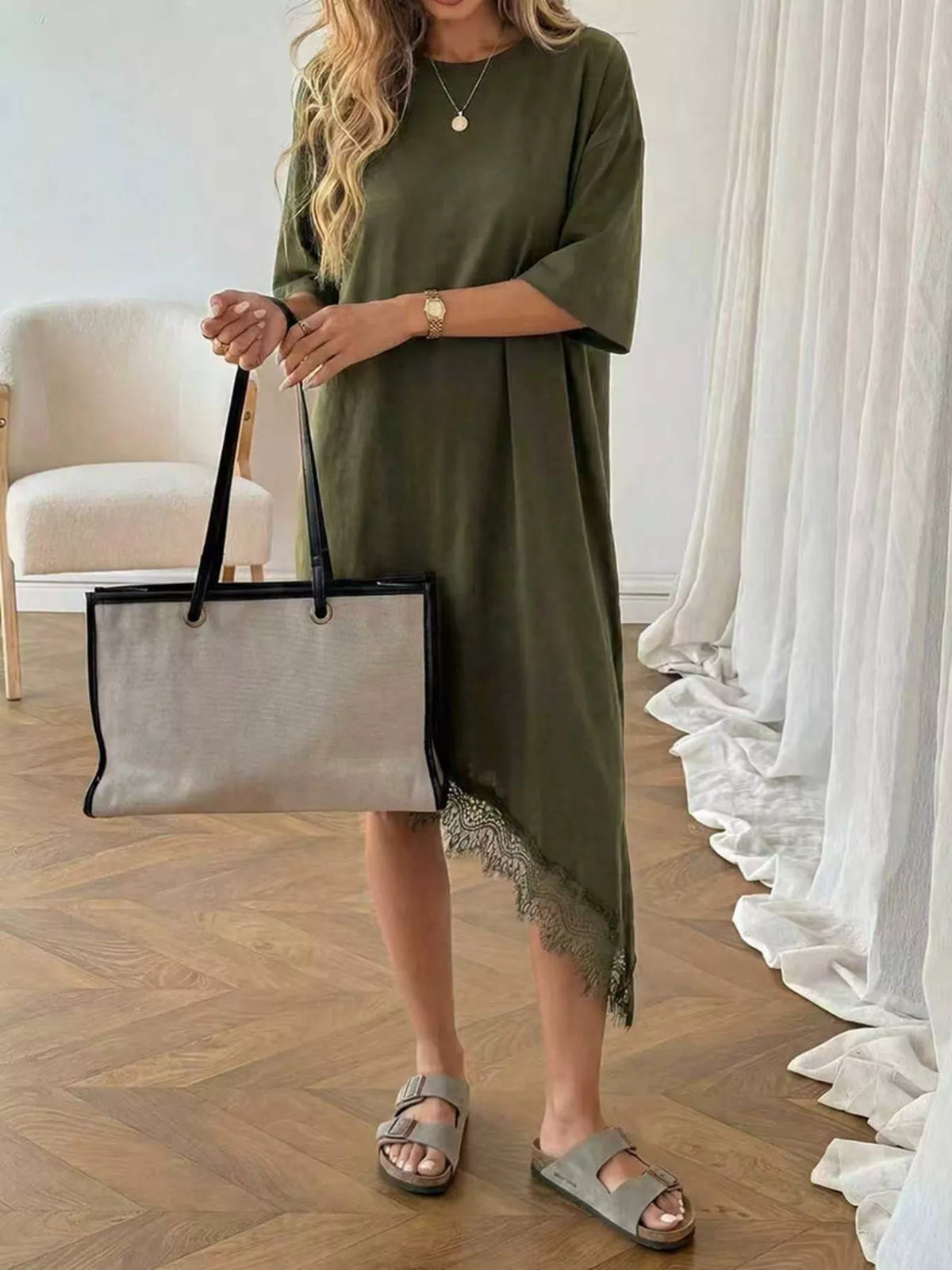 Asymmetrical Hem T-Shirt Dress with Lace Trim
