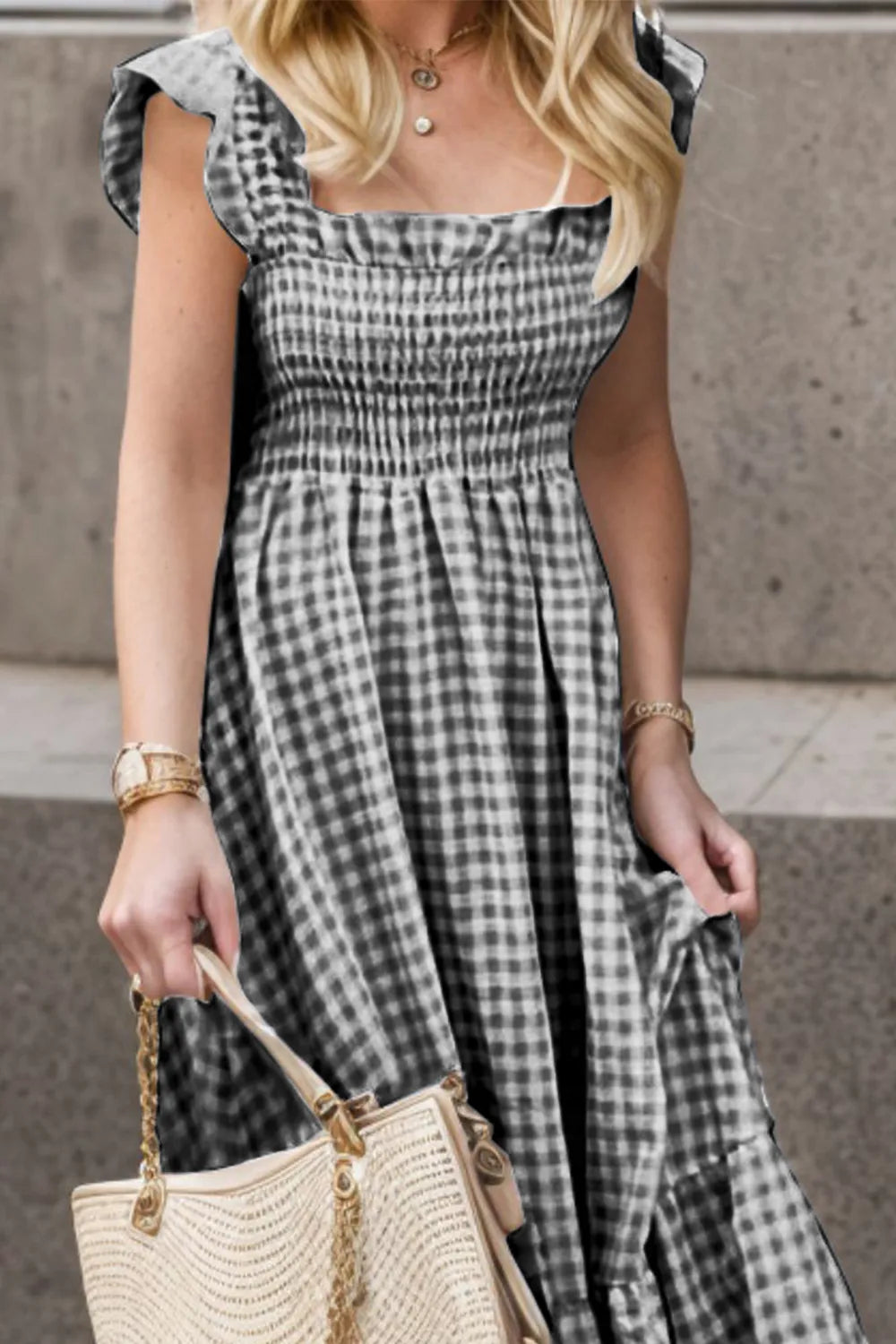 Smocked Plaid Ruffle Hem Dress