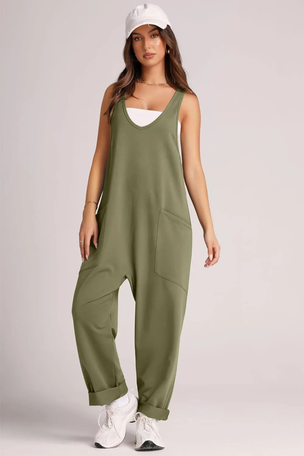 V-Neck Wide Strap Overalls with Pockets
