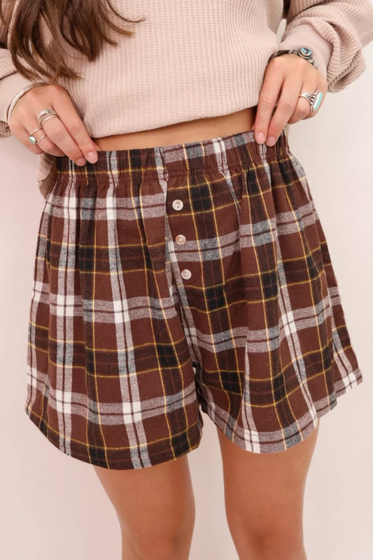 Button-Front Plaid Shorts in Burgundy